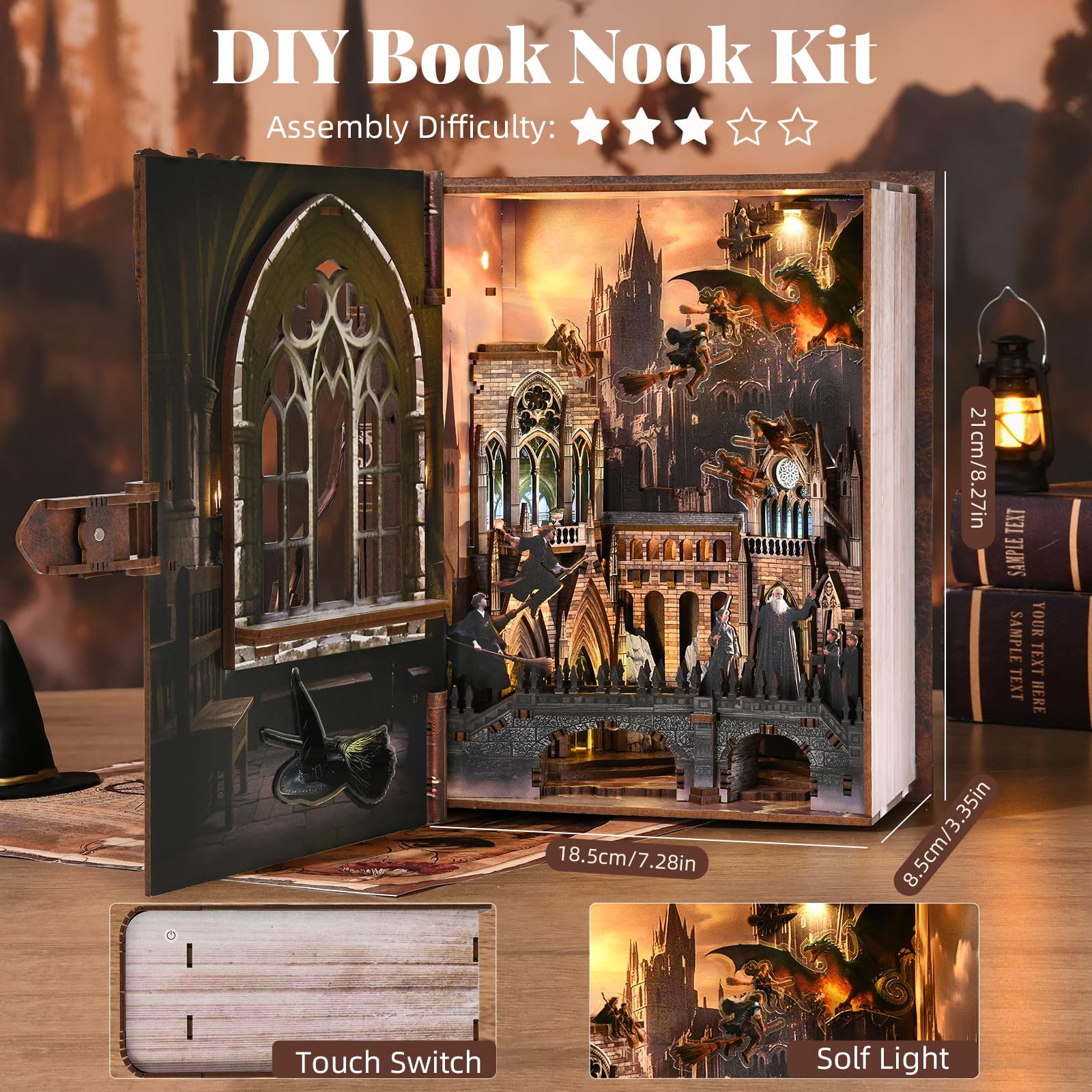 MiniCity Kit Book Nook con luce LED, kit per casa in miniatura per compleanno, puzzle 3D in legno, decorazione per libreria, per adulti, adolescenti, principianti (introduzione al volo magico)