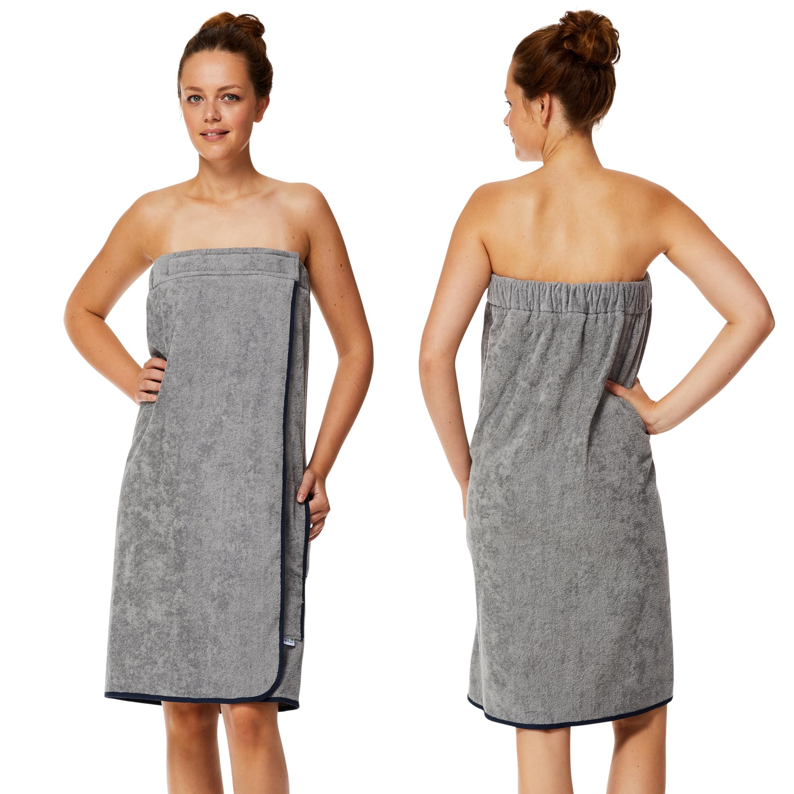 Sowel® Towel Wrap for Women, Wrap Around Towel with Hook and Loop Fasteners, Sauna Kilt, Sarong, 100% Organic Cotton, 80 x 130 cm, Grey/Navy
