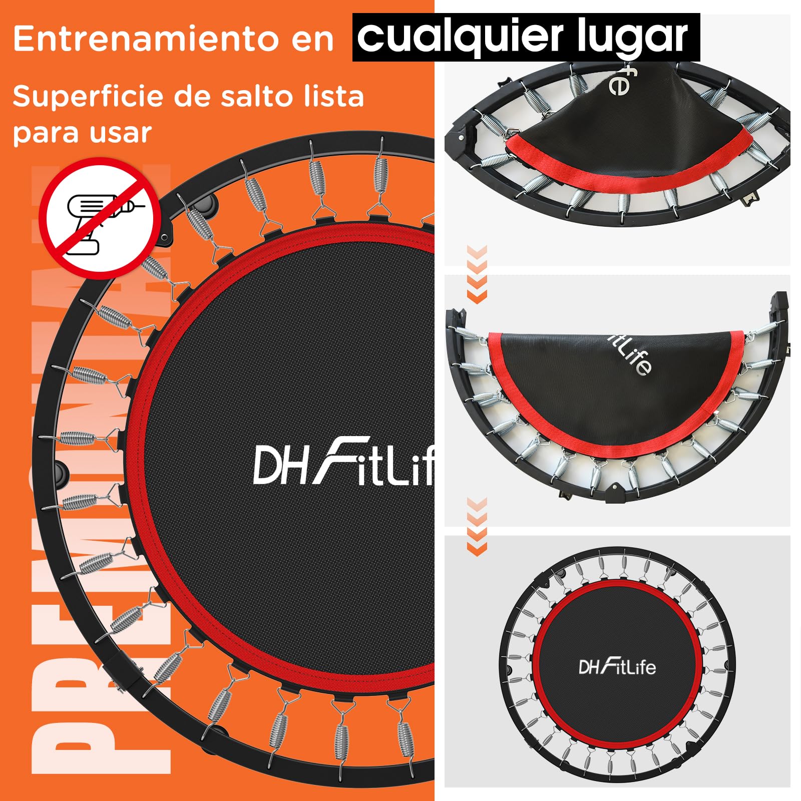 DH FitLife Trampolín de Fitness Plegable para Interior sin Instalación | Ø102 cm (40 Pulgadas) | Capacidad 150 kg | 4 Niveles de Asa Ajustable | Estable para Niños y Adultos