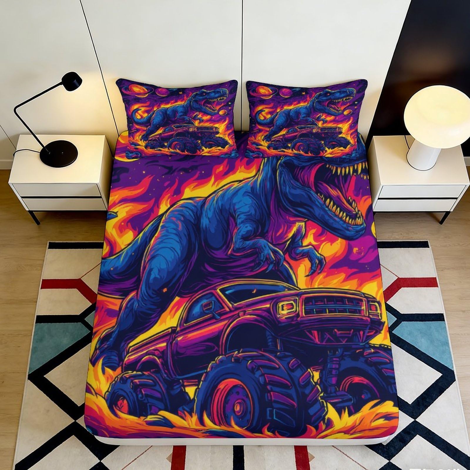 3D Printed Dinosaur Monster Truck Fitted Sheet Microfiber Soft Breathable Flame Design Bed Cover for Bedroom Dormitory Guest Room Mattress Protection 200x200x25cm