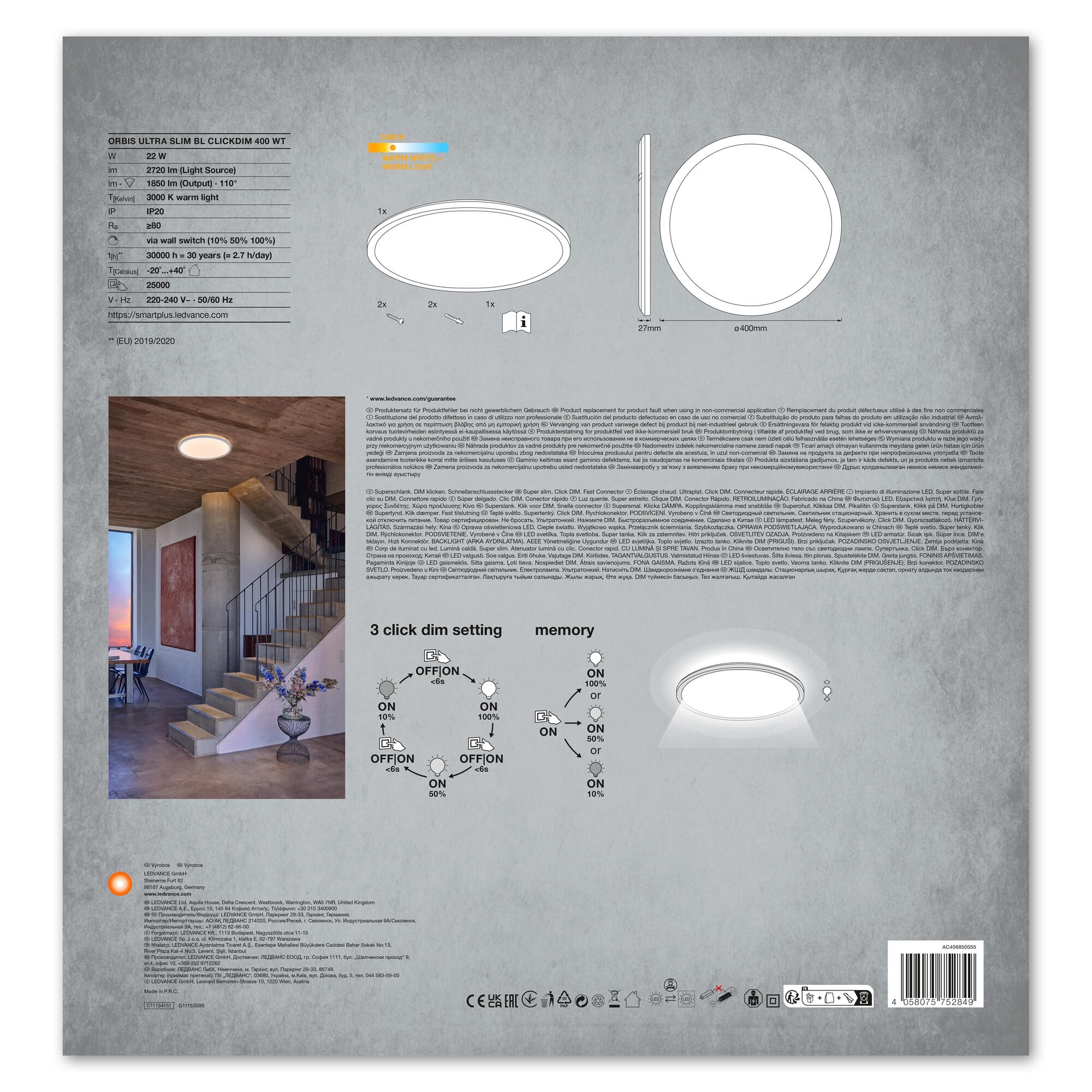 LEDVANCE ORBIS Ultra Slim Deckenleuchte 400mm, weiß, 22W, 2720lm, homogenes, warmweißes Licht (3000K) + Hintergrundlicht, dreistufige Dimmbarkeit über Wandschalter, ultraflach, Schutzklasse IP20