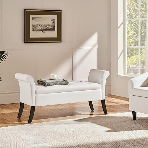 Miniatura 21 de Yaheetech Otomana con almacenamiento, banco otomano de almacenamiento de piel sintética de 52 pulgadas con bisagra de seguridad, banco tapizado con