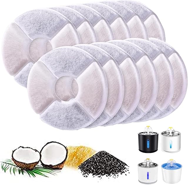 12Pack Cat Water Fountain Filters for Pet Flower Fountains Replacement Filters Round with Activated Carbon and Resin for Automatic Dog Drinking Dispenser (Green)