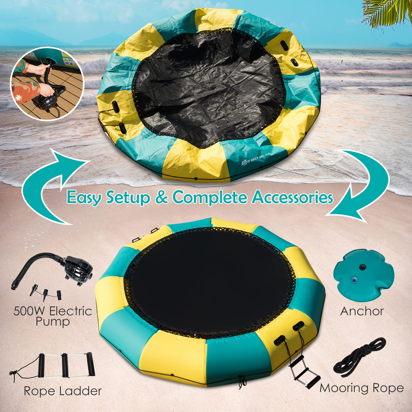 GYMAX Water Trampoline, Floating Lake Trampoline with Electric Pump & Rope Ladder, Inflatable Water Bouncer for Lake, Heavy Duty for Adults (15Feet Yellow&Green)