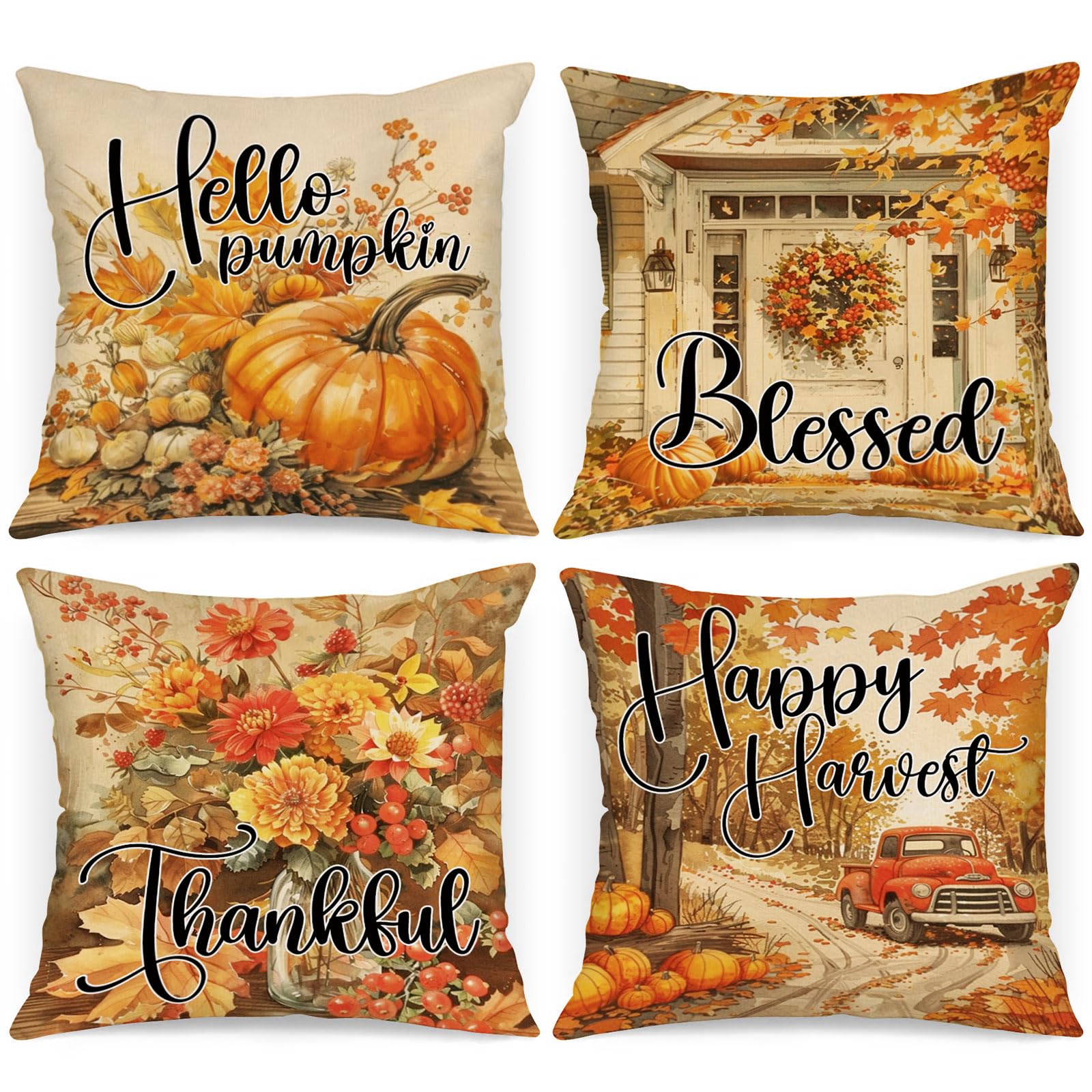 Housses de coussin d'automne 66x66 cm lot de 4 taies décoratives citrouille pour chambre et salon