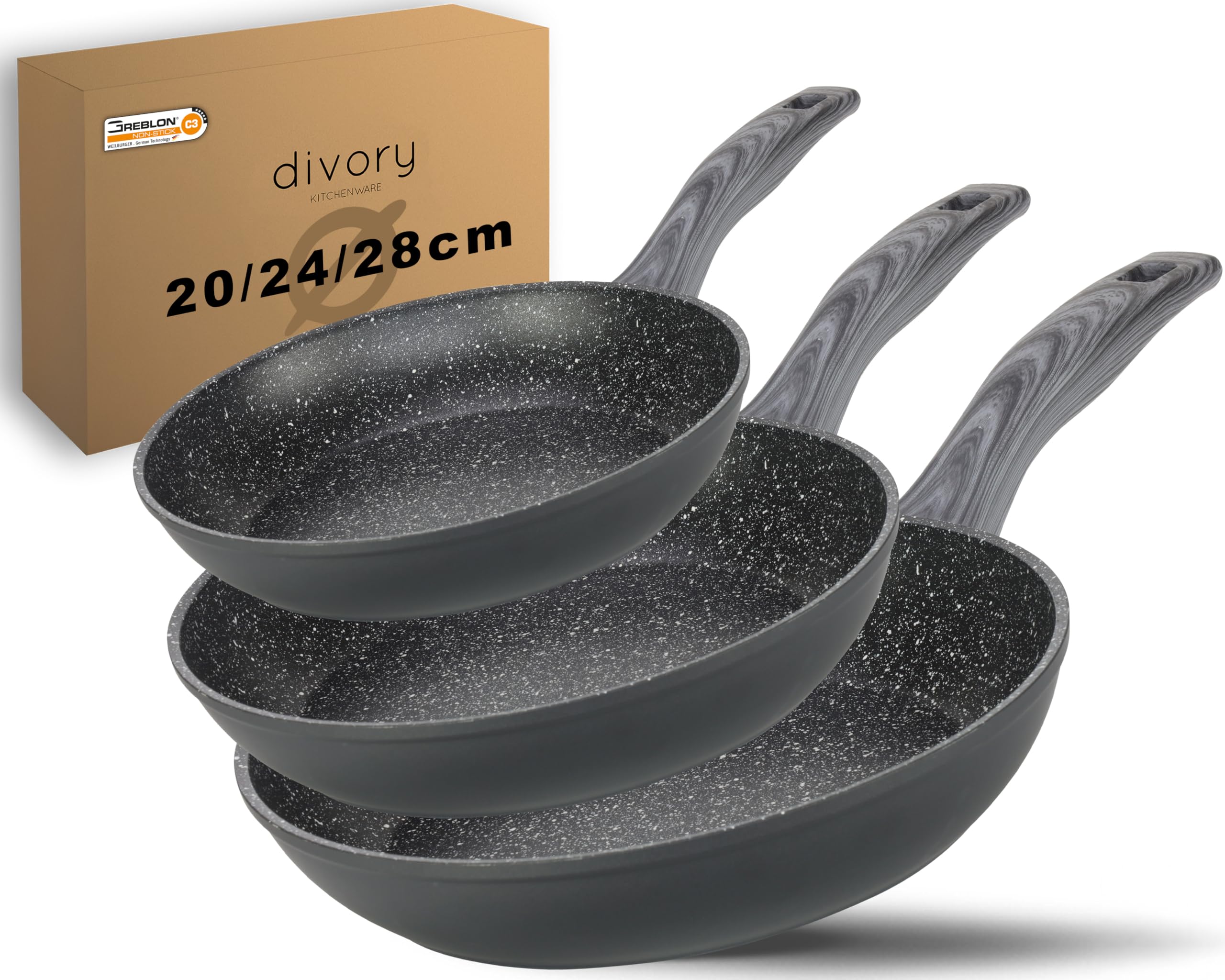 DIVORY beschichtete Bratpfanne – Antihaft beschichtete Pfanne für alle Herdarten – Universalpfanne Spülmaschinen geeignet + Backofenfest und frei von PFOA/APEO (3er Set (20,24,28cm), Graues Holz)