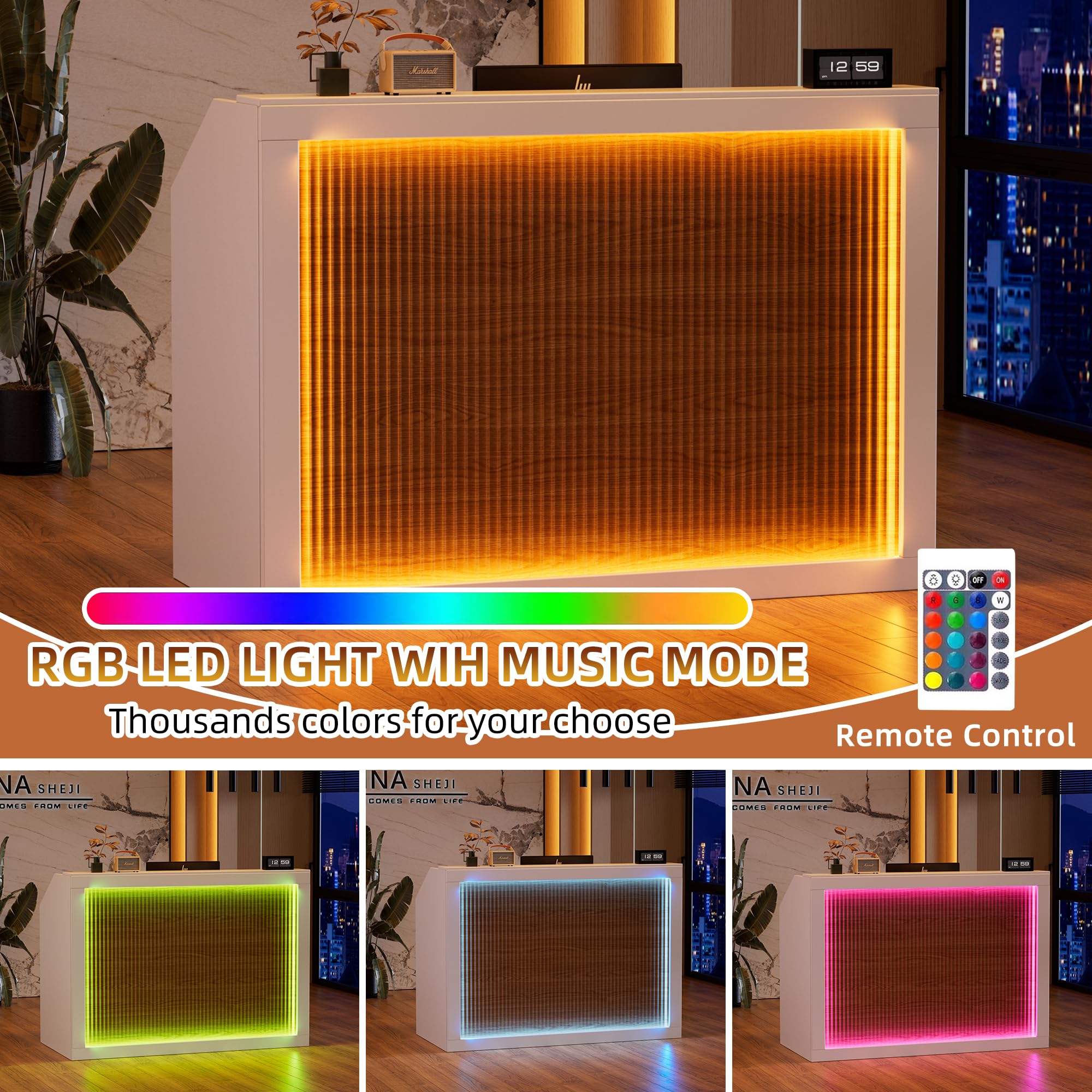 MSFE Bancone Reception con LED,Banco Reception con Cassetto,Armadio,Ripiani Aperti e Prese,Bancone Ufficio per Reception per Parrucchiere, Centro Estetico, Negozio, Hotel e Ufficio,140 * 60 * 110CM