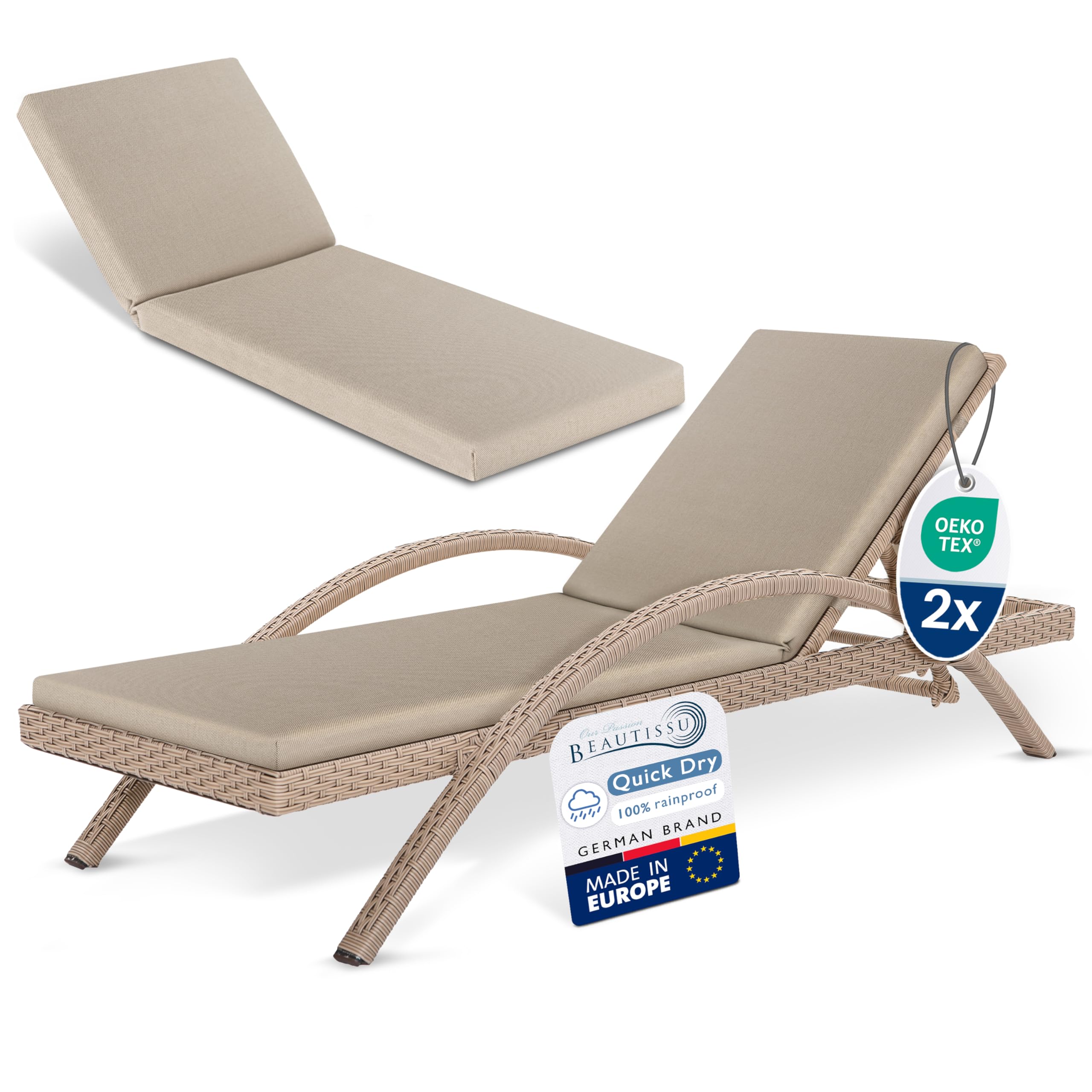 Beautissu 2pcs Sun Lounger Cushion Only Waterproof Weatherproof Washable