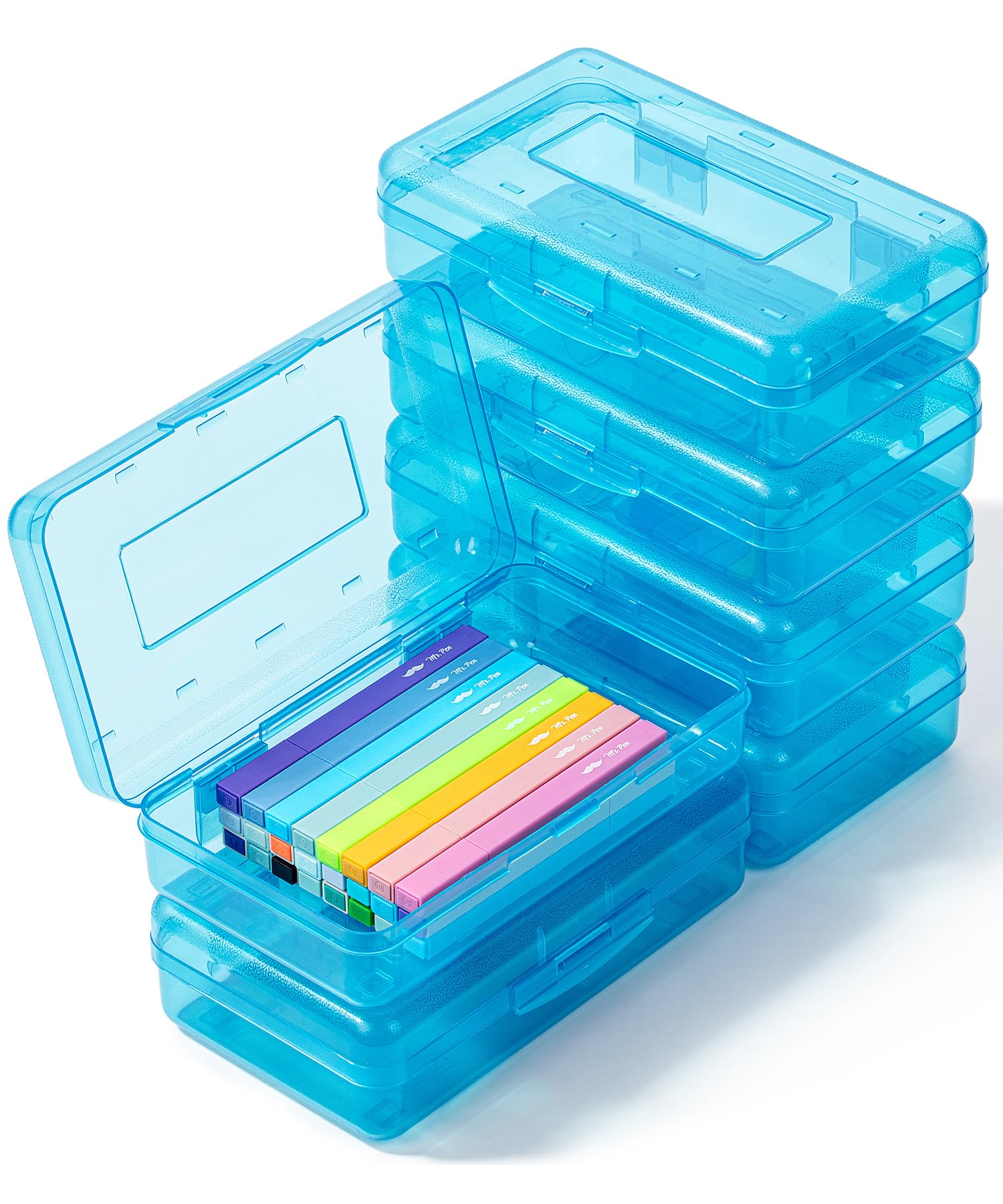 Mr. Pen- Clear Pencil Boxes, 6 Pack, 7.9"x4.5"x2.4", Transparent Blue, Snap-Tight Lid, Plastic Pencil Box Organizer
