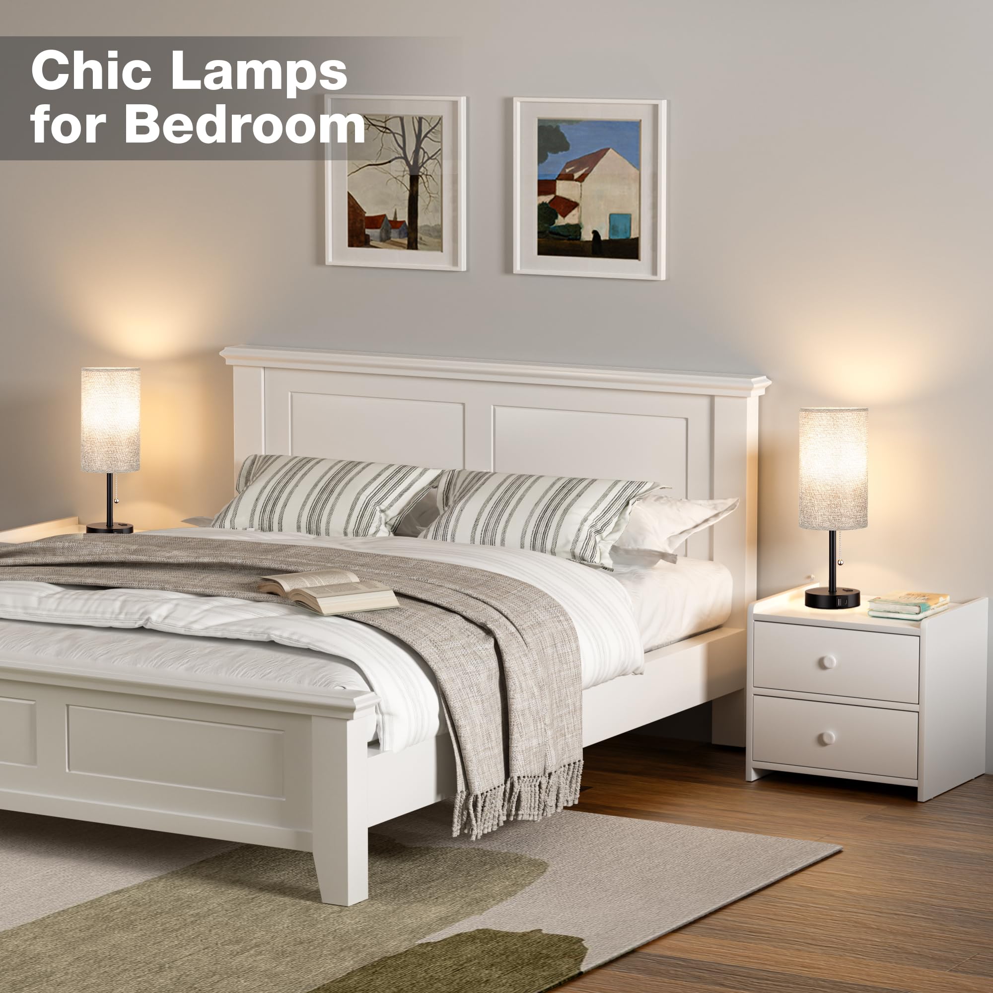 Nachttischlampe für Schlafzimmer, Nachttisch, hohe Tischlampe mit USB-A + C-Ladeanschluss und AC-Steckdose, 3 Farbtemperaturen, Zugkette, Beistelltisch, Leselampe für Wohnzimmer, 44 cm, Grau