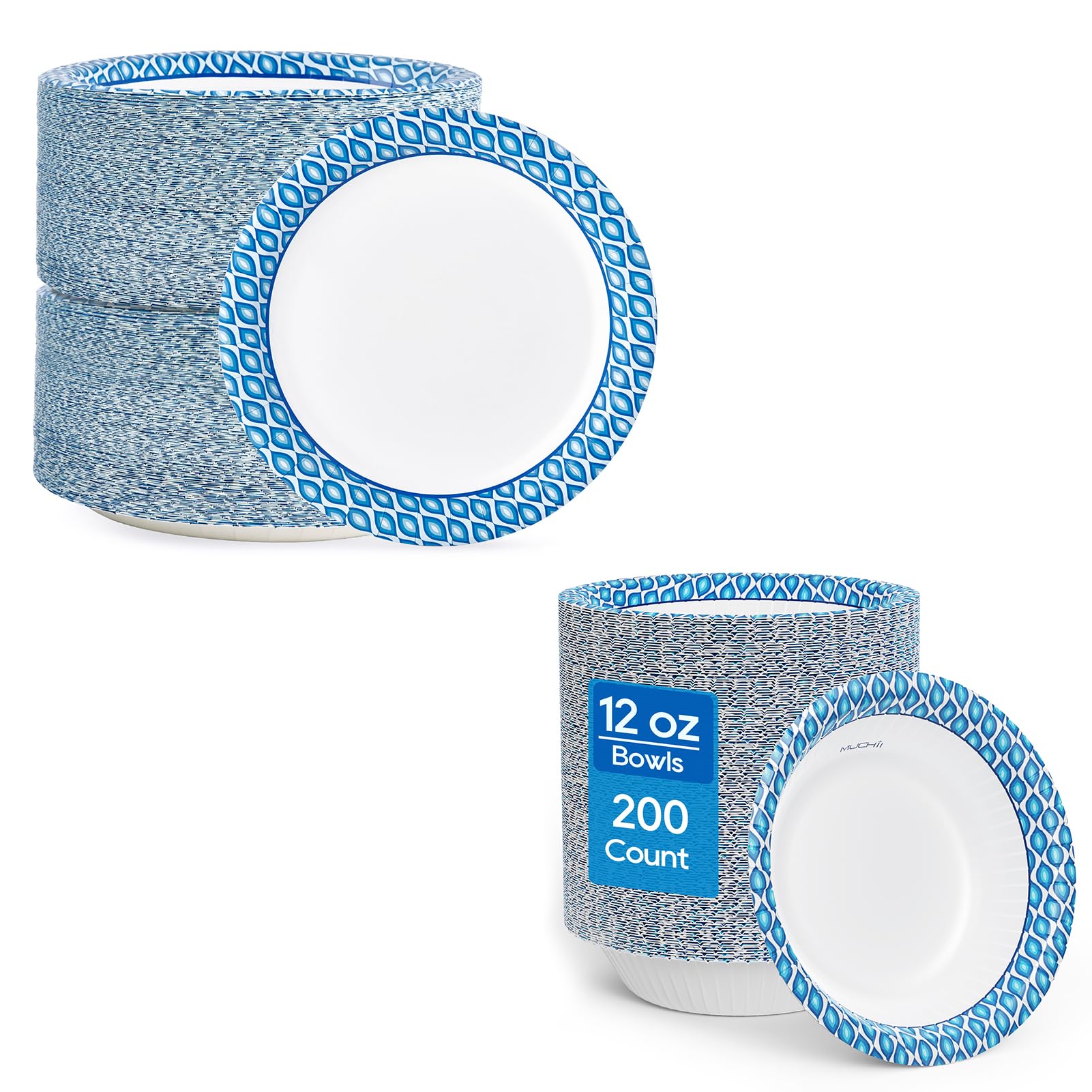 MUCHII 8.375 Inch Disposable Paper Plates, 300 Count Paper Plates & 12 Oz Paper Bowls 200 Count, Printed Soak Proof Small Plates and Bowls Set for Breakfast, Lunch, and Dinner Meals