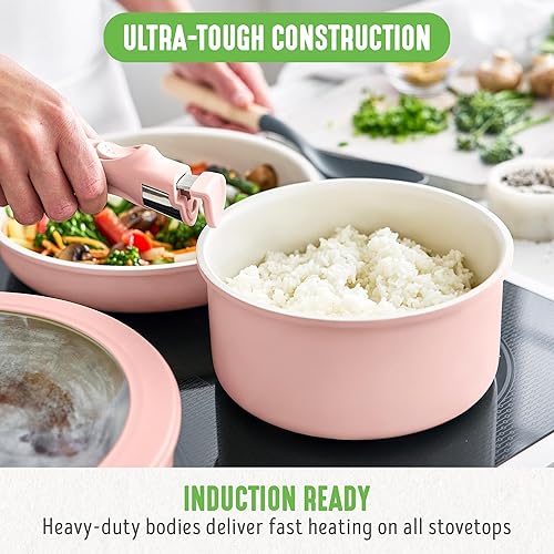 Miniatura 7 de GreenLife Juego de ollas y sartenes antiadherentes de 10 piezas, mango desmontable y apilable, sartenes de cocina no tóxicas sin PFAS, sartenes de