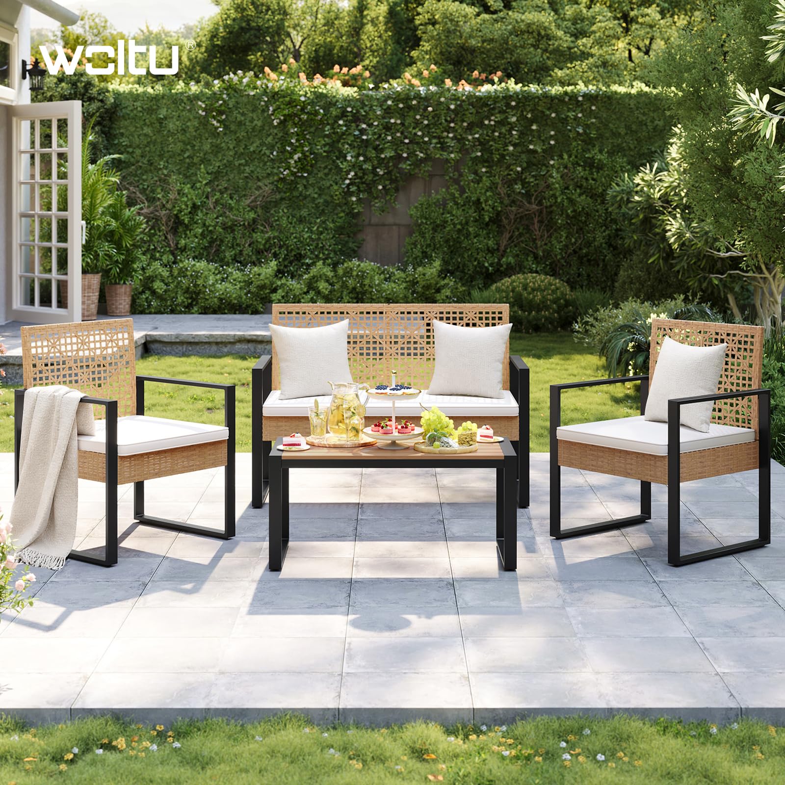 WOLTU Rattan Gartenmöbel 4-teilig mit 1 Sitzer Sofa 2 Sessel 1 Couchtisch und Kissen Lounge Möbel Outdoor Balkonmöbel Kleiner Balkon Sitzgruppe Gartencouch Terrassenmöbel Set für Garten Terrassen