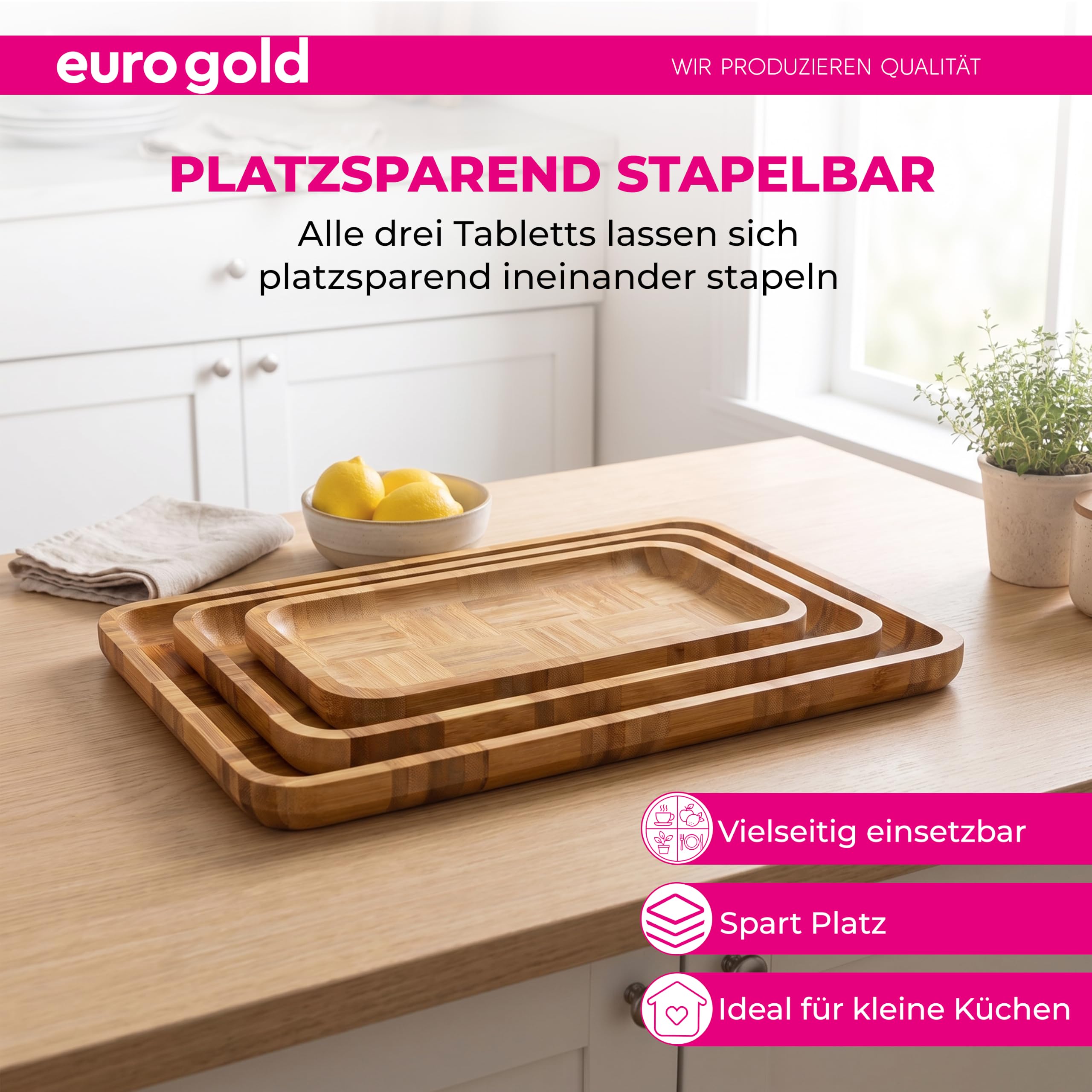 EUROGOLD Bambus Tablett rechteckig 3er Set für Küche & Tisch