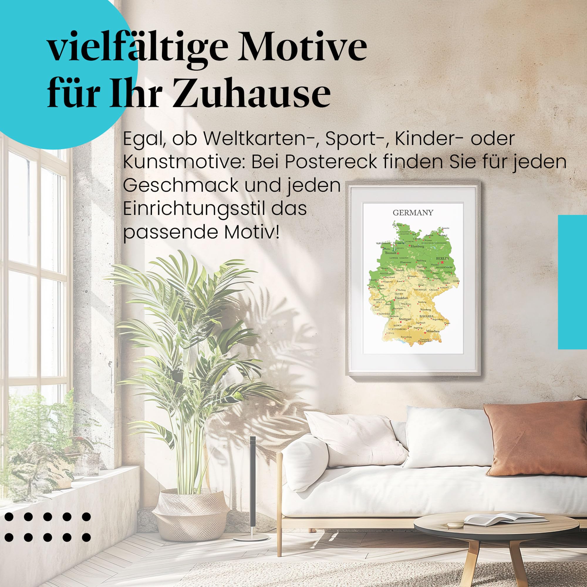 Postereck - 1189 - Deutschland Karte, Städte Englisch Bundesländer - Unterricht Klassenzimmer Schule Wandposter Fotoposter Bilder Wandbild Wandbilder - Leinwand - 100,0 cm x 75,0 cm
