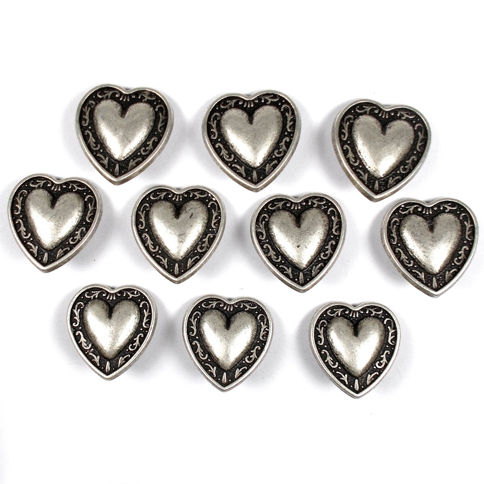 Push The Button Silver Metal Heart Buttons Vine Border Antique Colour Pack Of 10 (20Mm)