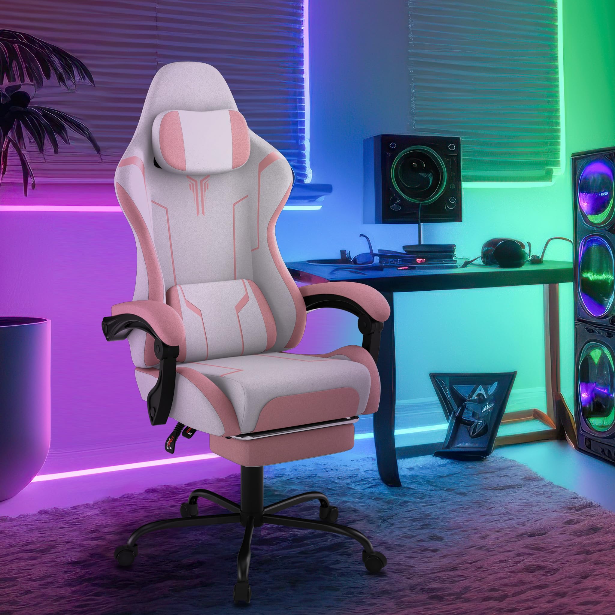 UISEBRT Chaise de jeu ergonomique avec massage et repose-pieds, fauteuil de jeu confortable, dossier réglable, appui-tête et coussin lombaire - Rose