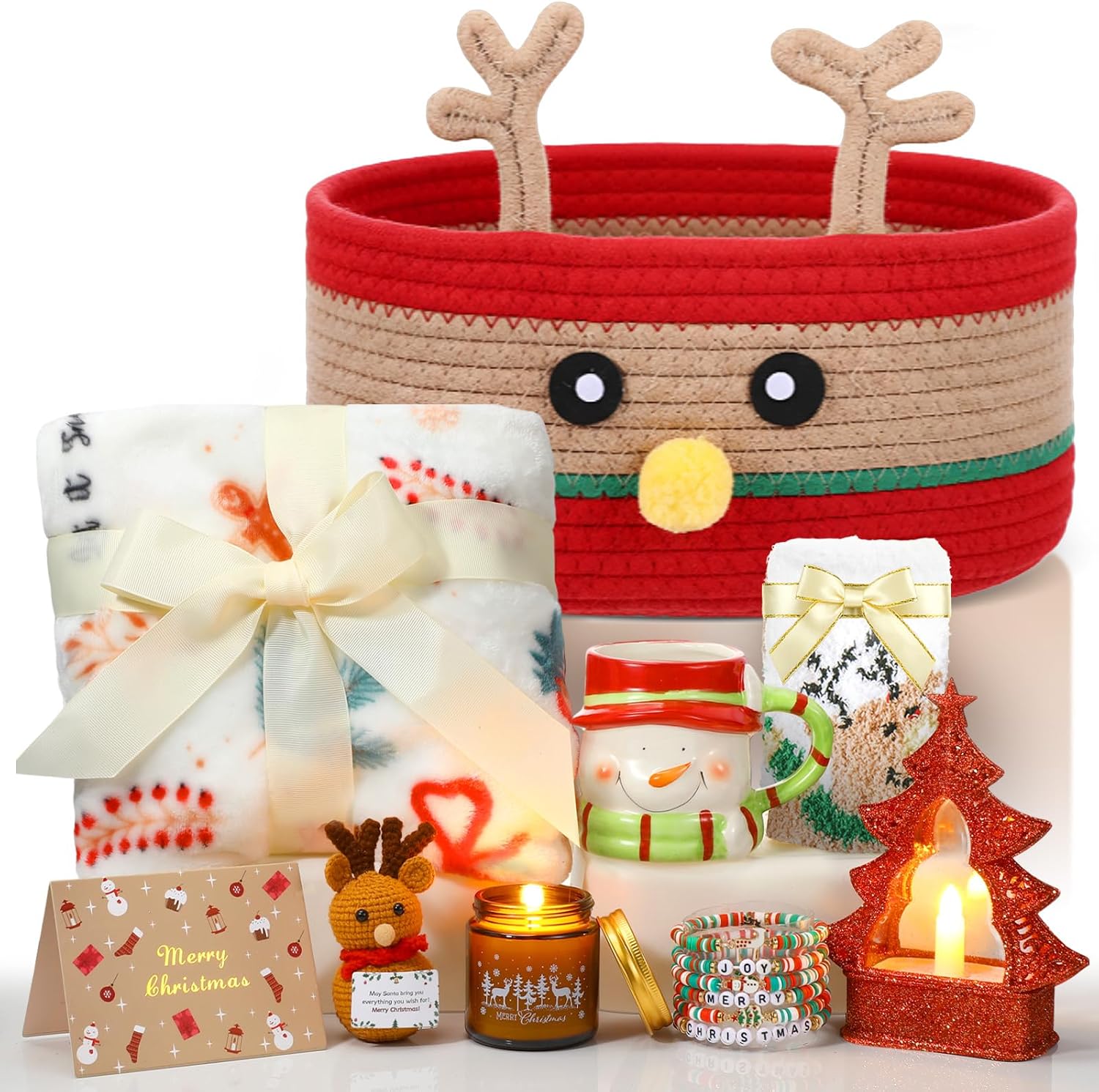 Zopeal 11 Pcs Christmas Gift Basket Women, Reindeer Blanket Mug Tree Decor