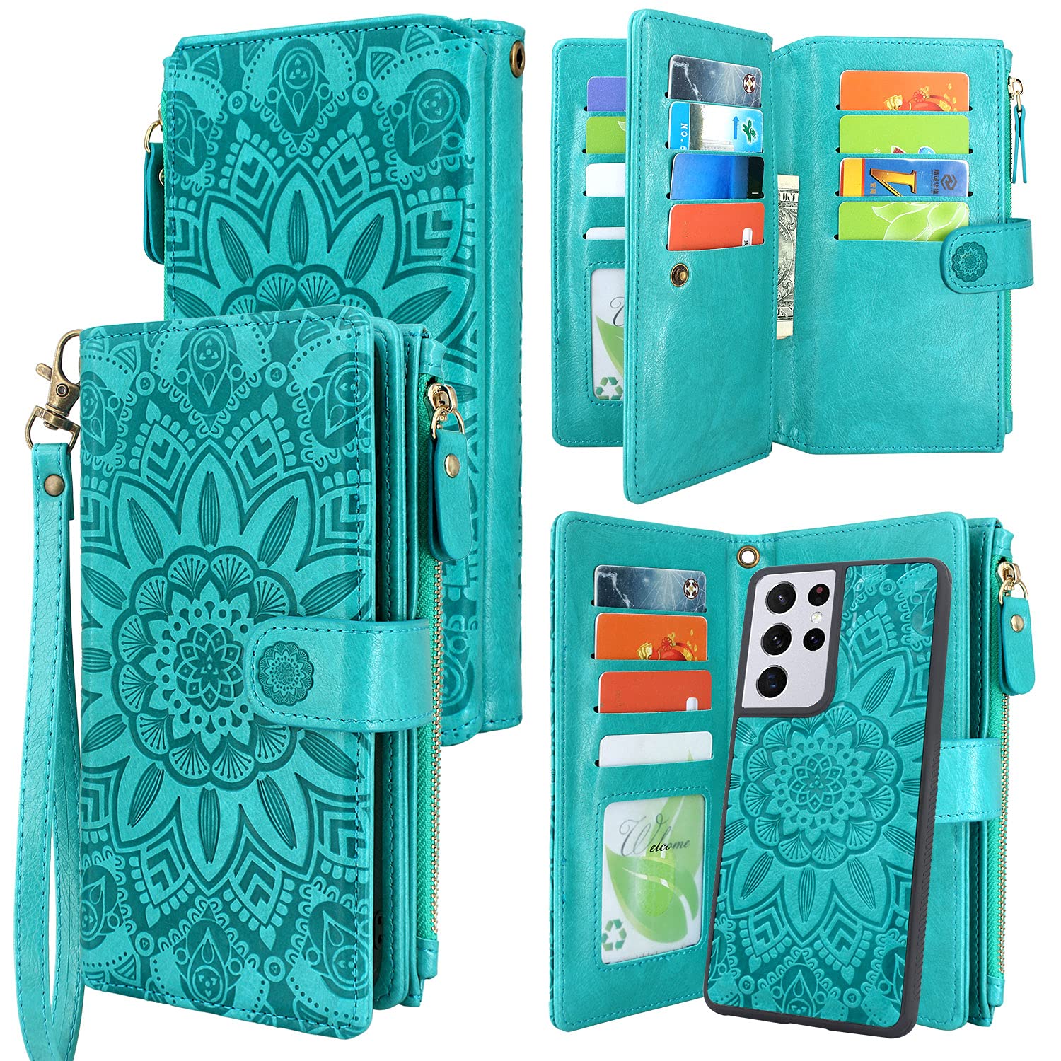 Harryshell Detachable Magnetic Zipper Wallet Leather Case Cash Pocket 12 Card Slots Holder Wrist Strap for Samsung Galaxy S21 Ultra 5G 6.8