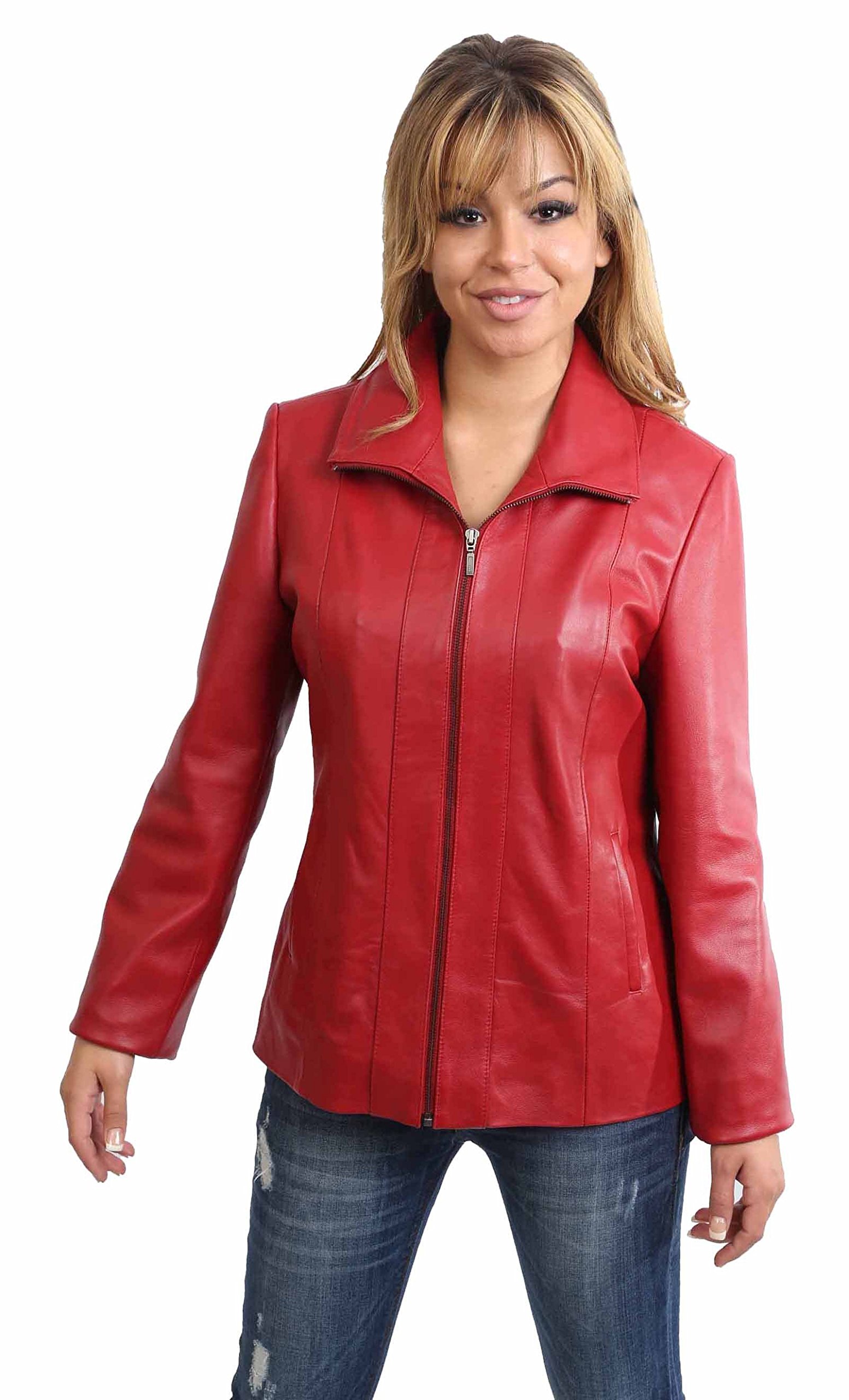 Womens Classic Zip Up Real Leather Jacket Ladies Semi Fitted Lambskin Coat JULIA Red (14)