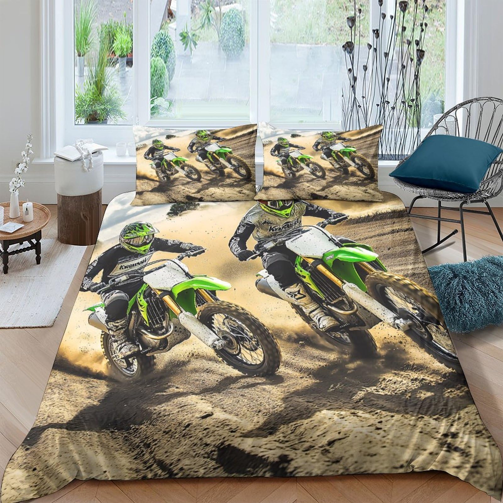GPLZQXKJNH 3D Printed Motocross Racing Duvet Cover Microfiber Soft Breathable Dirt Bike Bedding Set with 2 Pillowcases for Bedroom Decor Single（135x200cm）