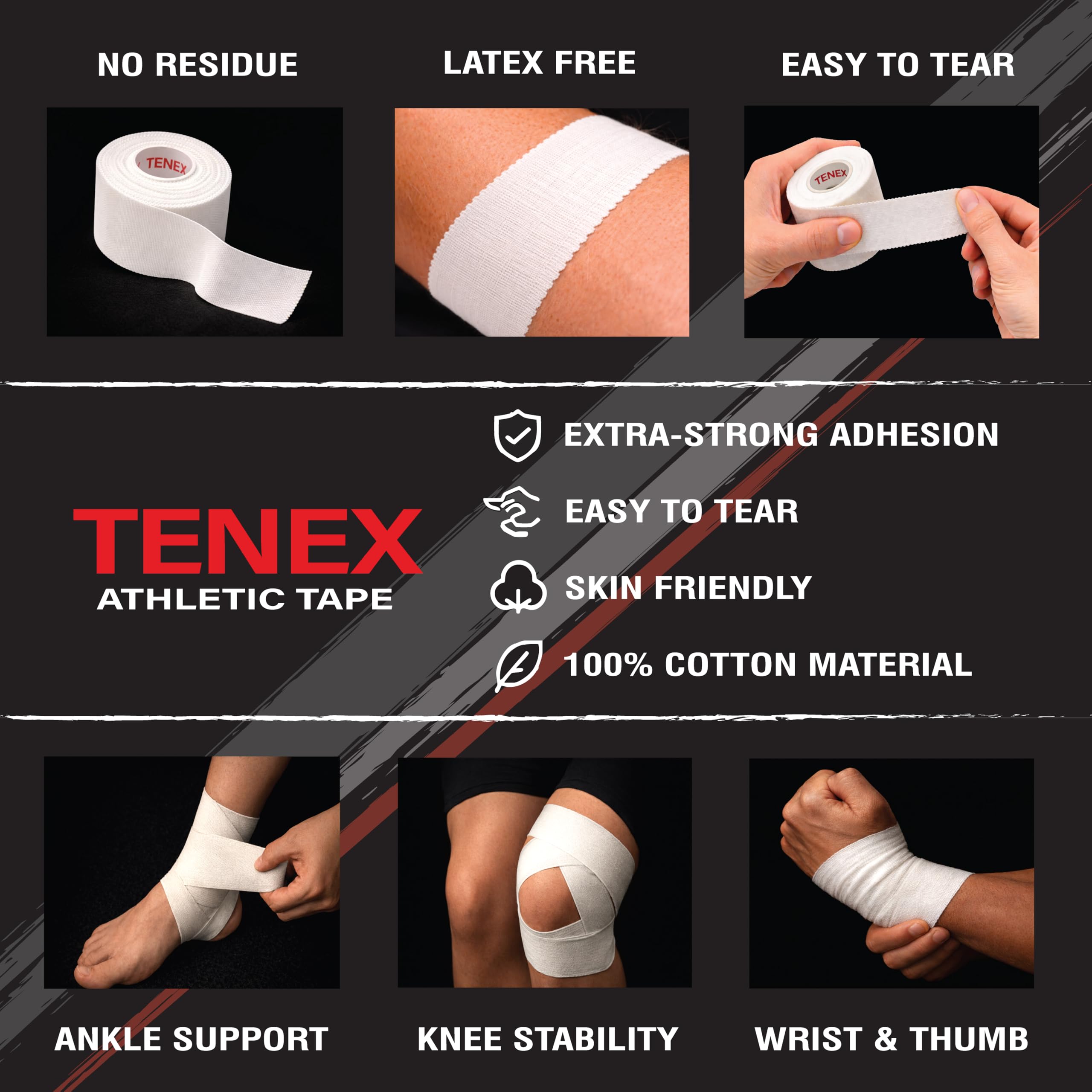 Tenex Athletic Tape – 3 Rolls 1.5" x 30FT White Finger, Wrist & Ankle Sports Tape with Zig-Zag Easy Tear Edge – 100% Cotton, Zinc Oxide Adhesive, Hypoallergenic, Latex and Rayon Free, Strong Hold & Long-Lasting Support - 3