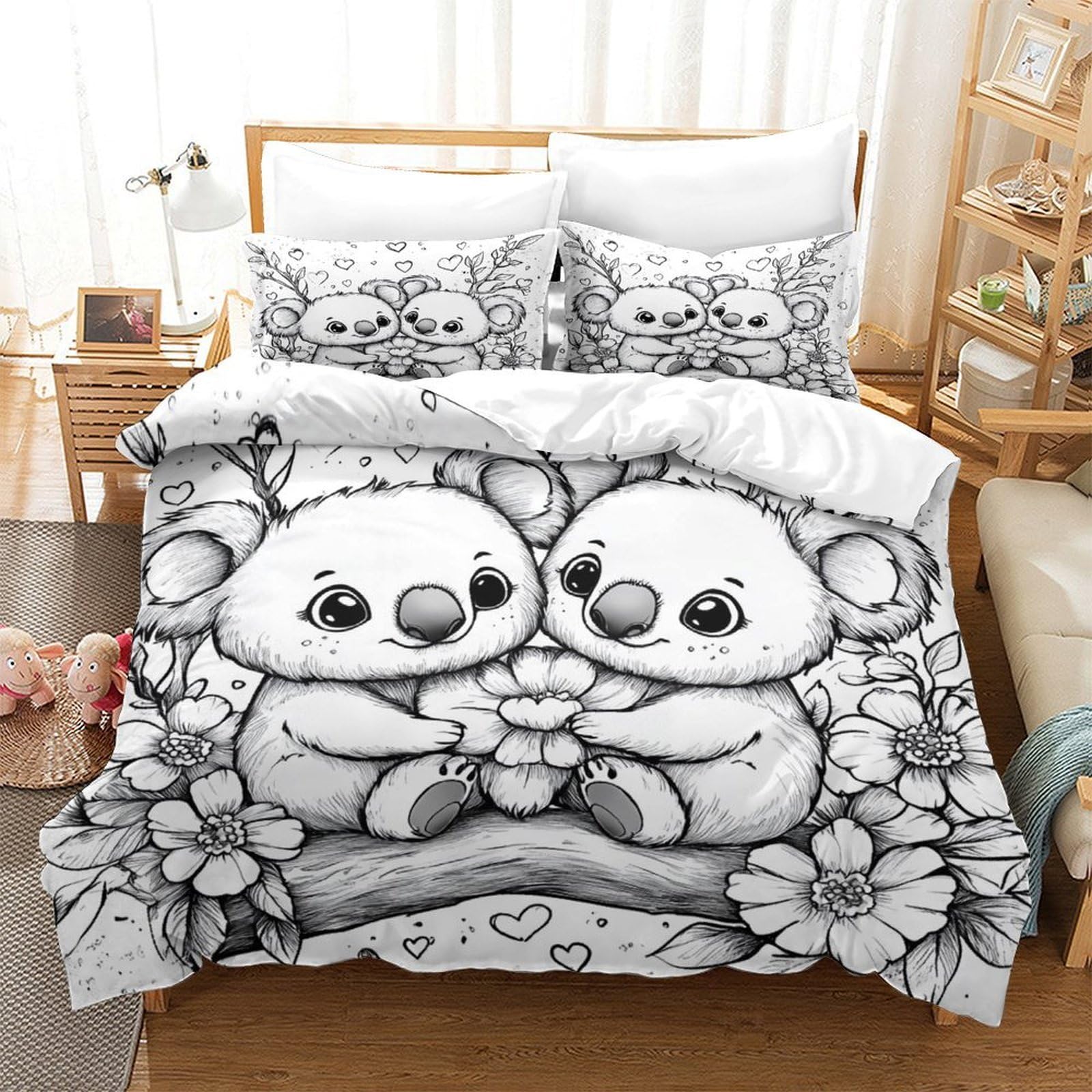 Süßes Koala-Pärchen 3D-Bedruckt 3er-Set Steppbezug Cartoon-Tierillustration Bettbezug Mikrofaser Hypoallergen Atmungsaktiv für Kinder Jugendliche Erwachsene Super King（260x220cm）