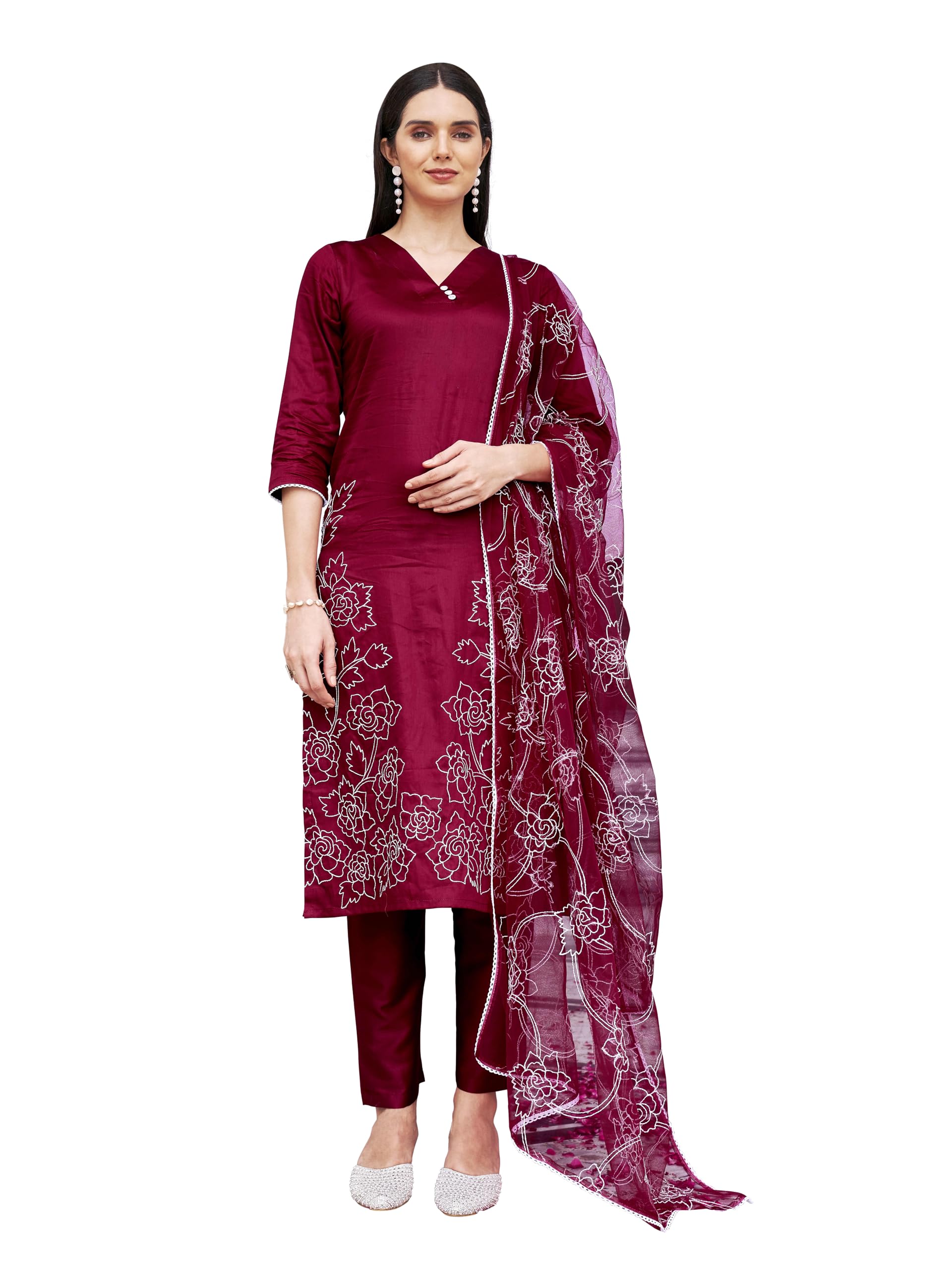 Womanista Women Cotton Blend White Thready Work Kurta With Pant And Dupatta (Kurtaset_1314_S)
