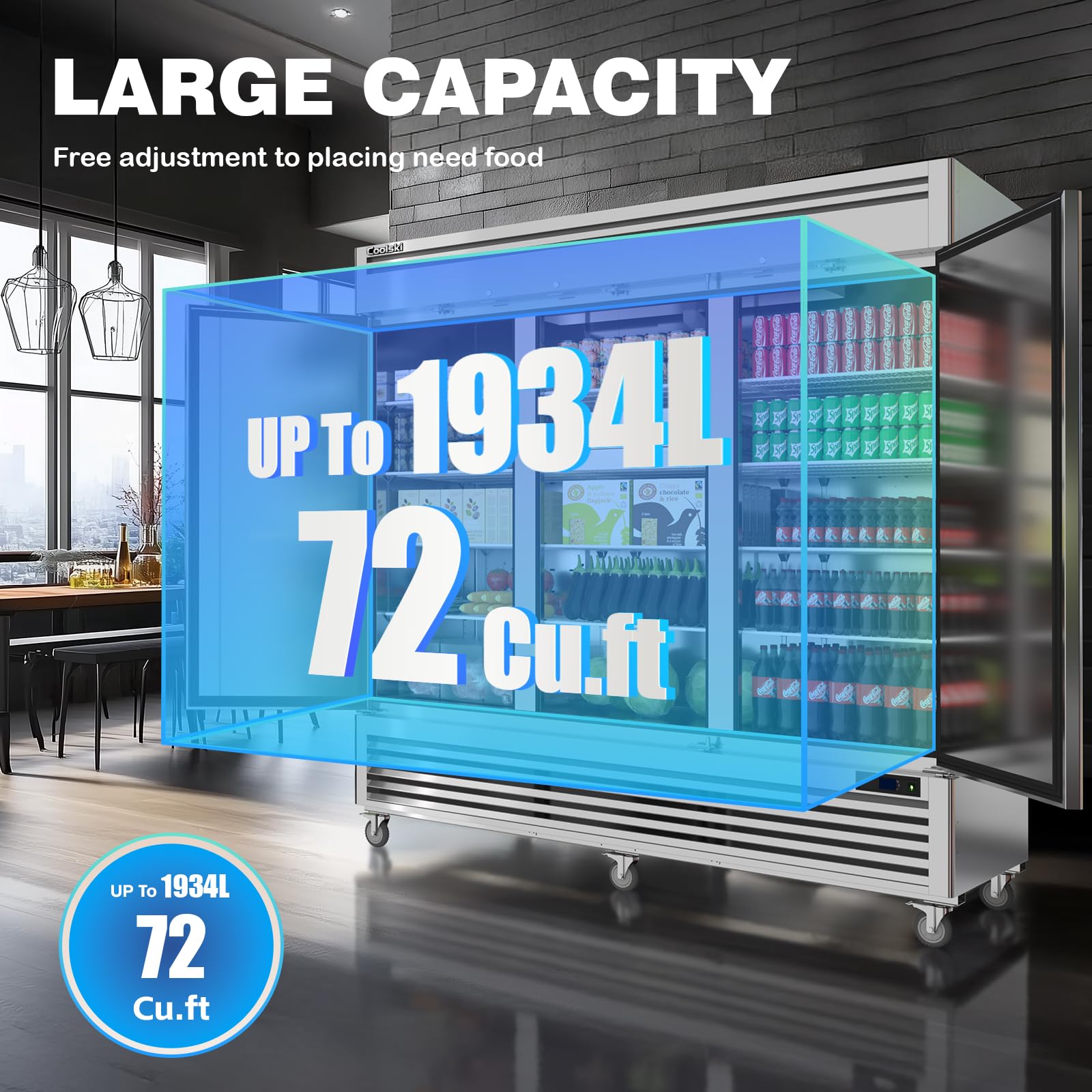 Coolski Commercial Freezer 82" W, 72 Cu.ft Stainless Steel Reach In Upright Freezer 3 Door, Auto-Defrost, 12 Adjustable Shelves, -13 to -5℉ Temp Control, LED Light, 5 Wheels on Fridge.com