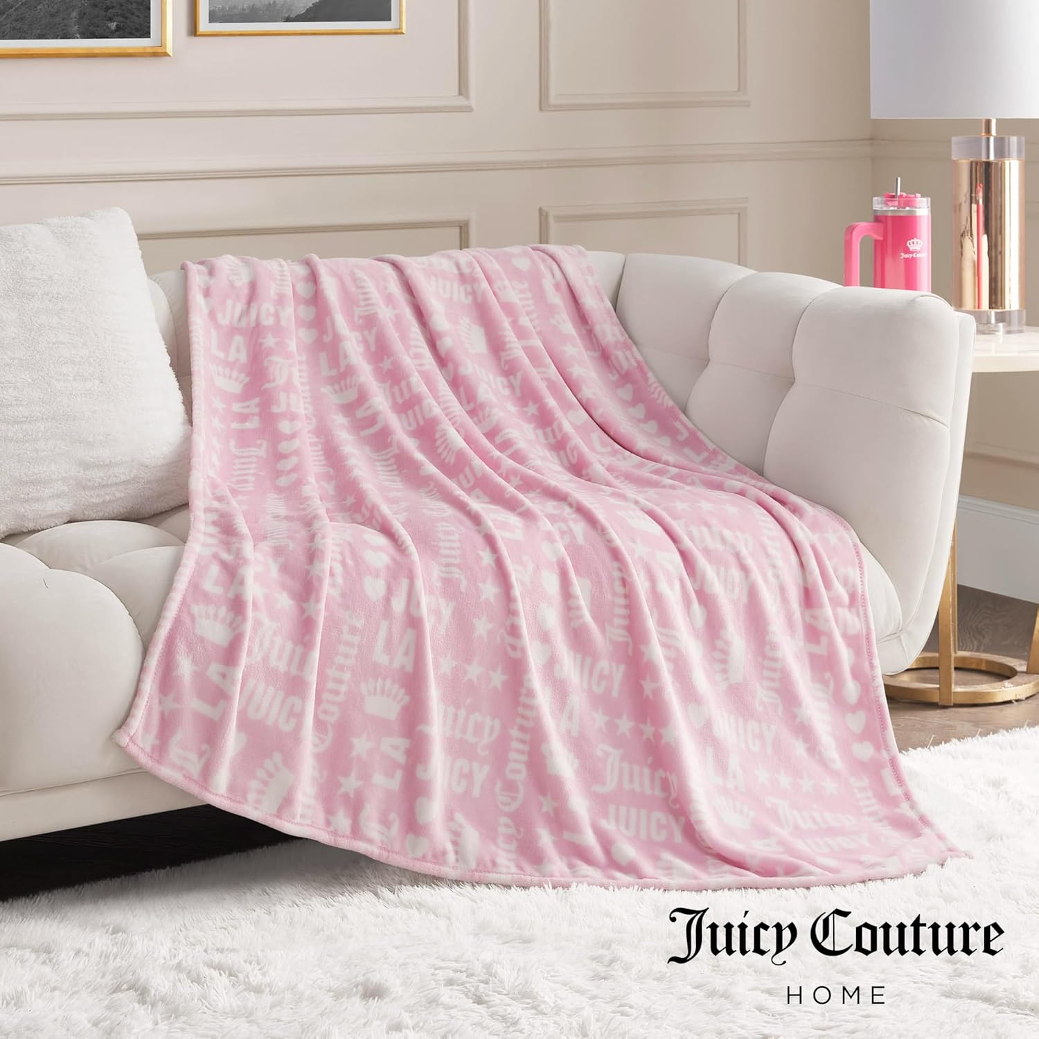 Juicy Couture Luxurious Throw Blanket for Couch - 50” x 70” Inches - Crown Royal Blanket - Plush & Cozy Throw Blanket - Decorative Blankets for Sofas, Throws for Chairs, and Beds – Pink/White