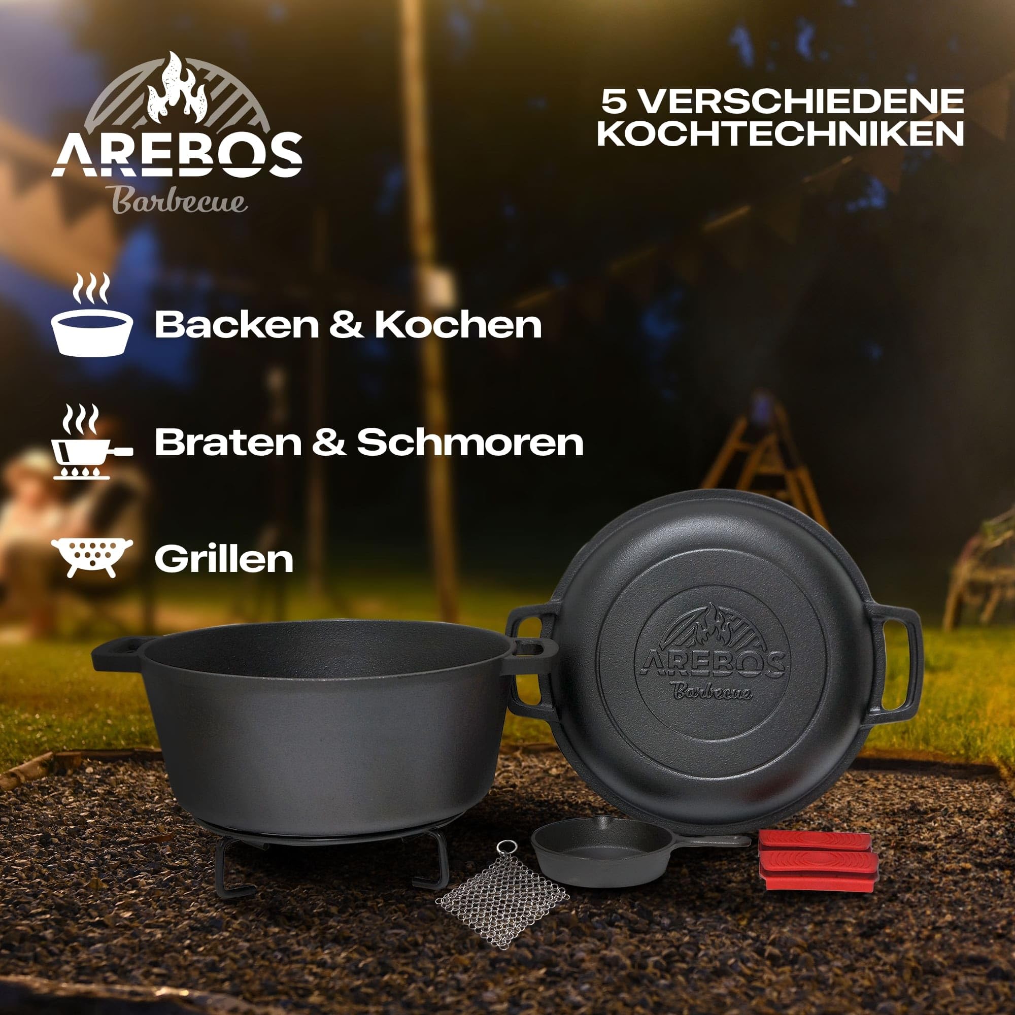 Arebos Dutch Oven Set 2in1 | Gusseisen Topf 4,8 L & Pfanne 1,8 L | Eingebrannter BBQ Feuertopf & Bratpfanne inkl. Zubehör | Doppelfunktion Deckel/Bratpfanne | Gulaschkessel für Outdoor & Indoor