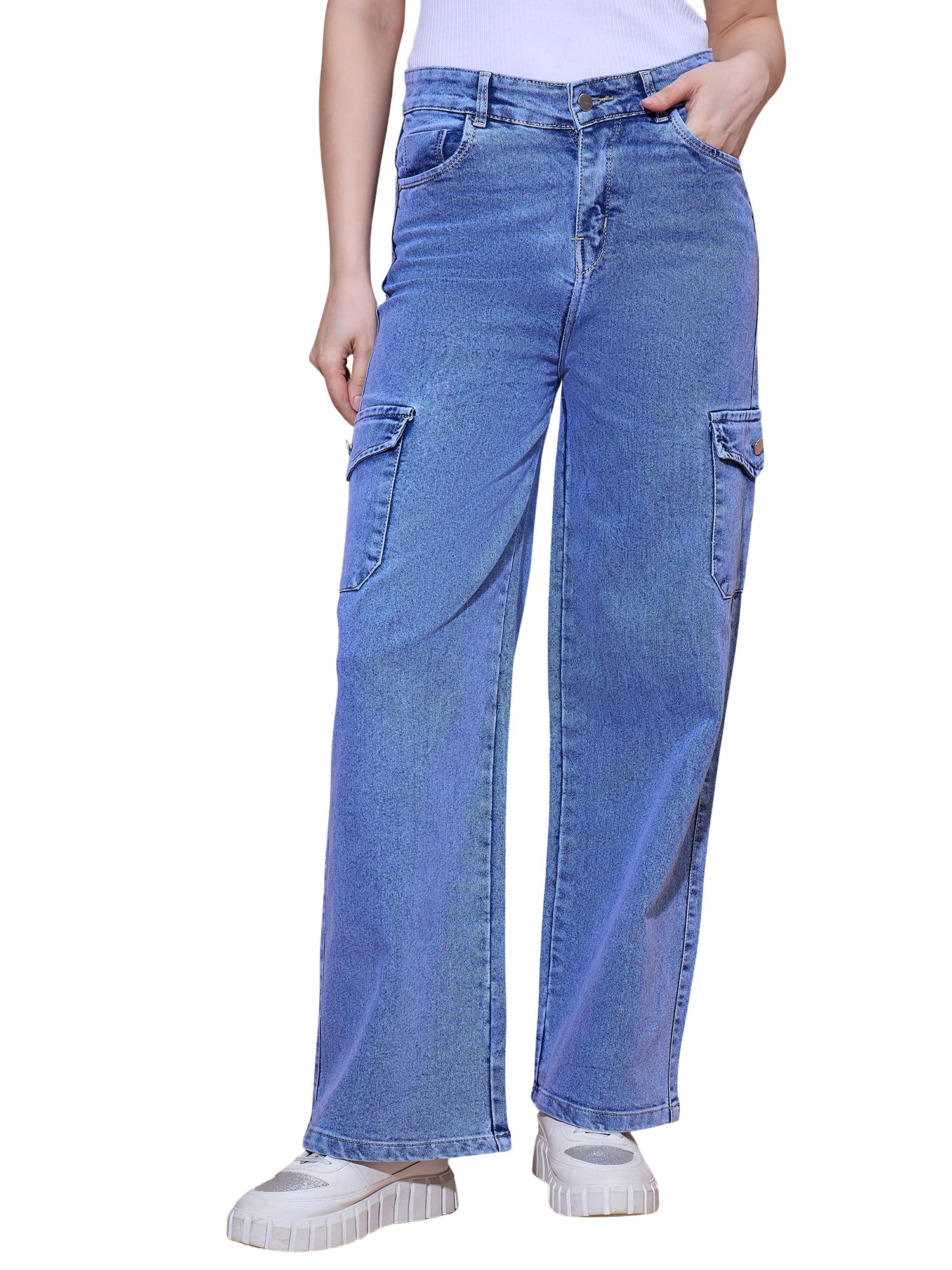double knot Wide Leg Cargo Jeans | Mid-Rise Stretch Denim in Light Blue-picture-0
