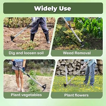 NICOFPHY Weed Puller Tool with Long Handle - 60 Manual Weeder Remover Tool, 2 in 1 Hand Weed Rake and Garden Hoe for Gardening, Heavy Duty Uprooting Weeding Pull for Yard, Lawn, Patio and Garden
