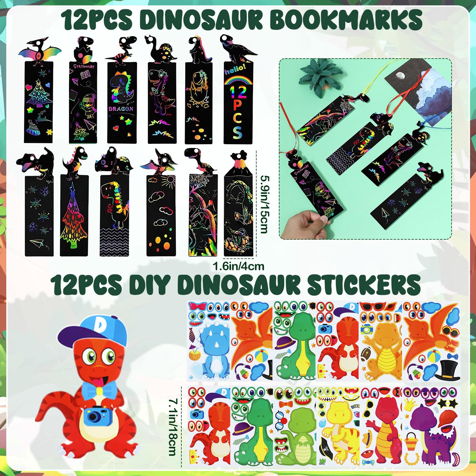 Cleboen 108Pcs Gadget Dinosauri Compleanno Ragazzo Dinosauri Uovo Maschera Borse di Tela Palloncino Segnalibro DIY Etichetta Sacchetti Compleanno Regalini Fine Festa Compleanno Dinosauri Bambini