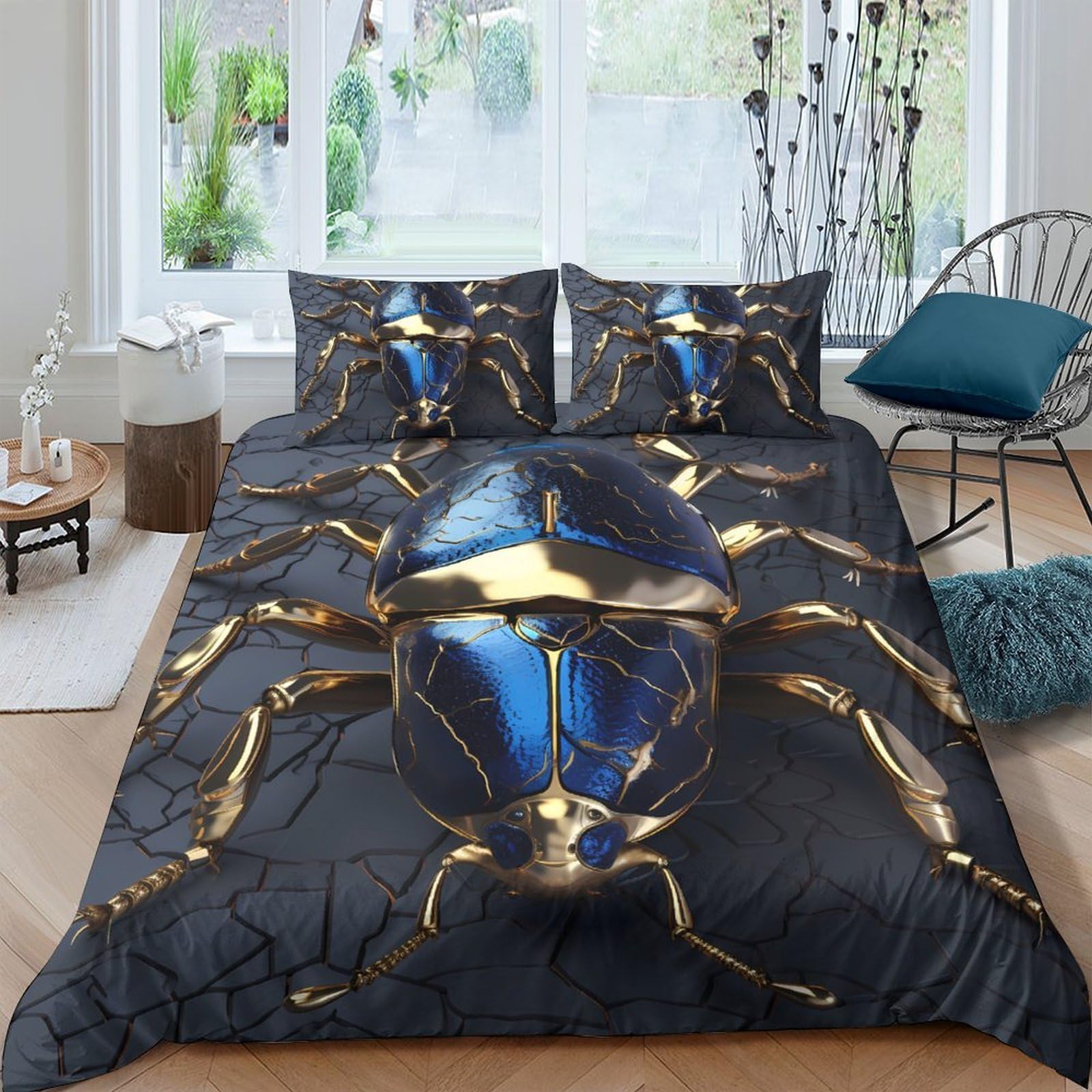 Ctjqhvkz Style-1 3D Printed Metallic Blue Beetle Fitted Sheet Microfiber Soft Anti-Slip Gold Insect Bed Cover For Bedroom Guest Room Decor Single（135X200cm）