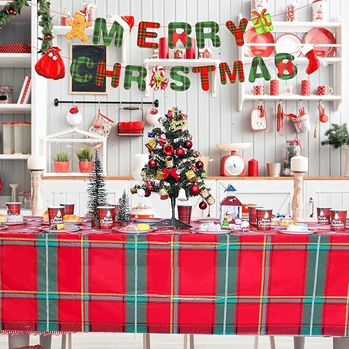 Vista 3 de 98 platos y servilletas de papel de Navidad para 24 invitados, suministros de fiesta de Navidad con platos desechables para cena y postre, mantel