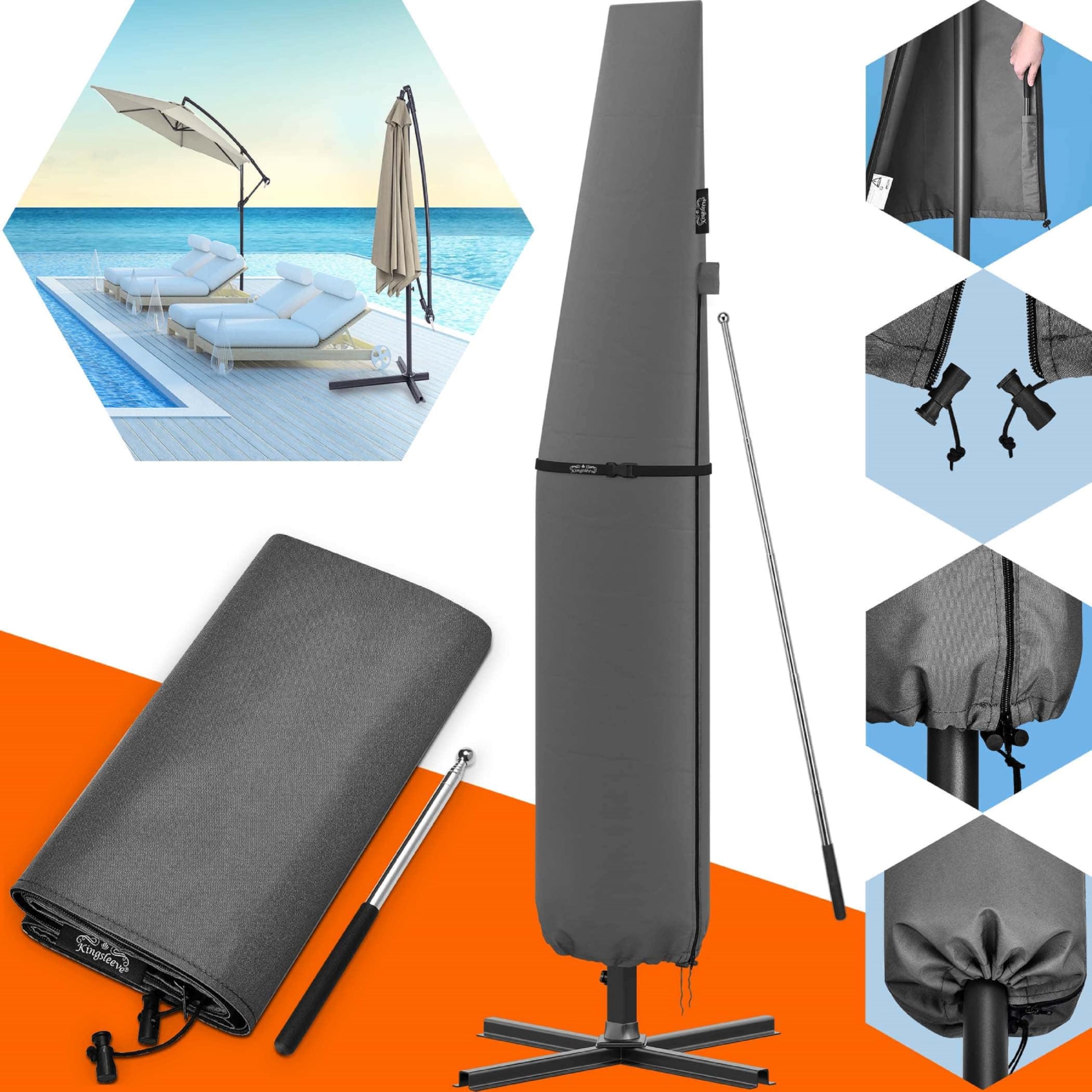 Housse de parasol télescopique Ø350cm résistante aux intempéries bâche de protection universelle gris