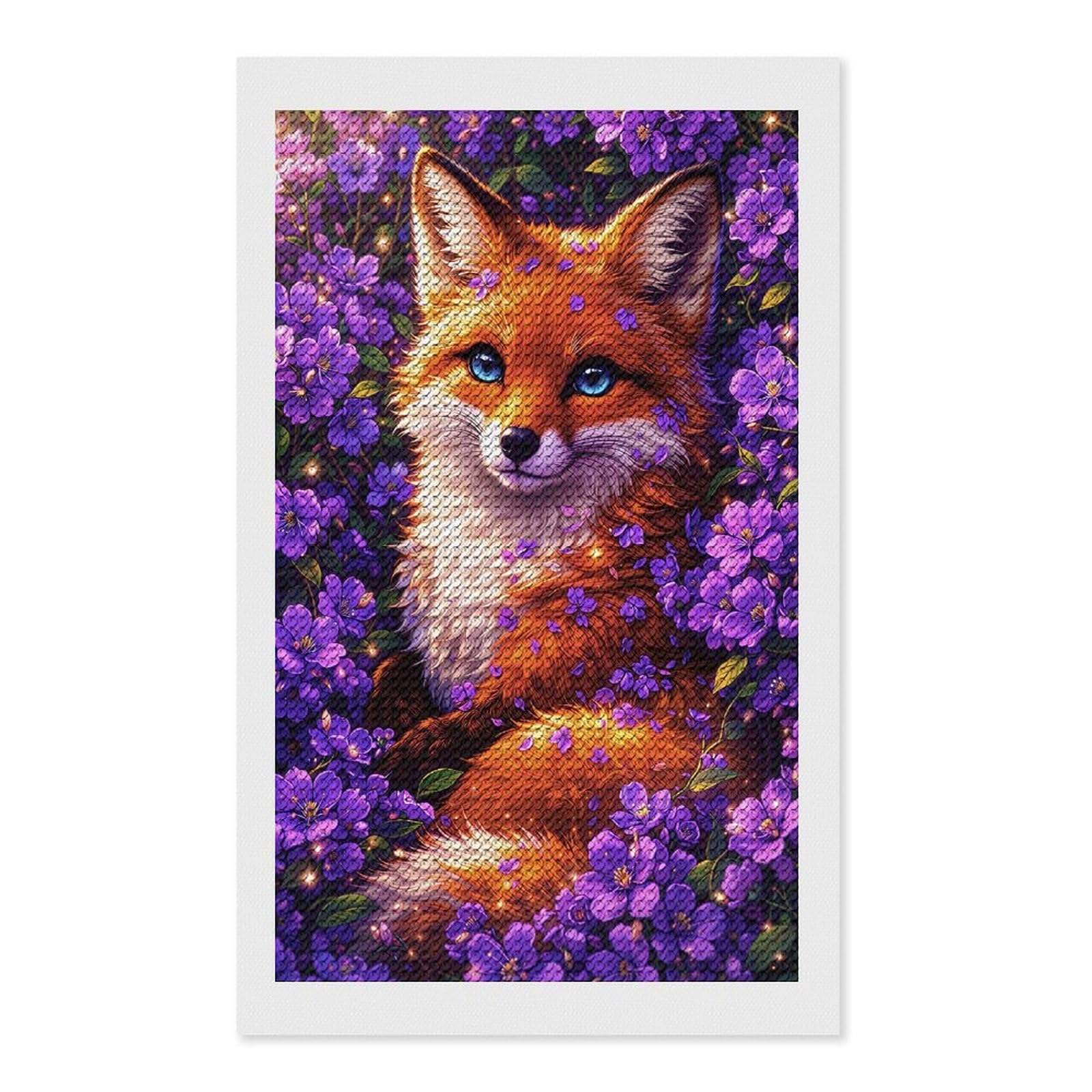 Junmoney Fox Among Lavender Blooms DIY Diamond Art Canvas Kit 12"x20", Pleasing Wall Art Project, Easy Handmade Project, Living Room Decor