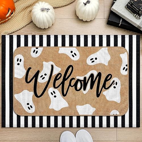 Tinideya 2 Pcs Halloween Doormats Spooky Ghost Welcome Outdoor Door