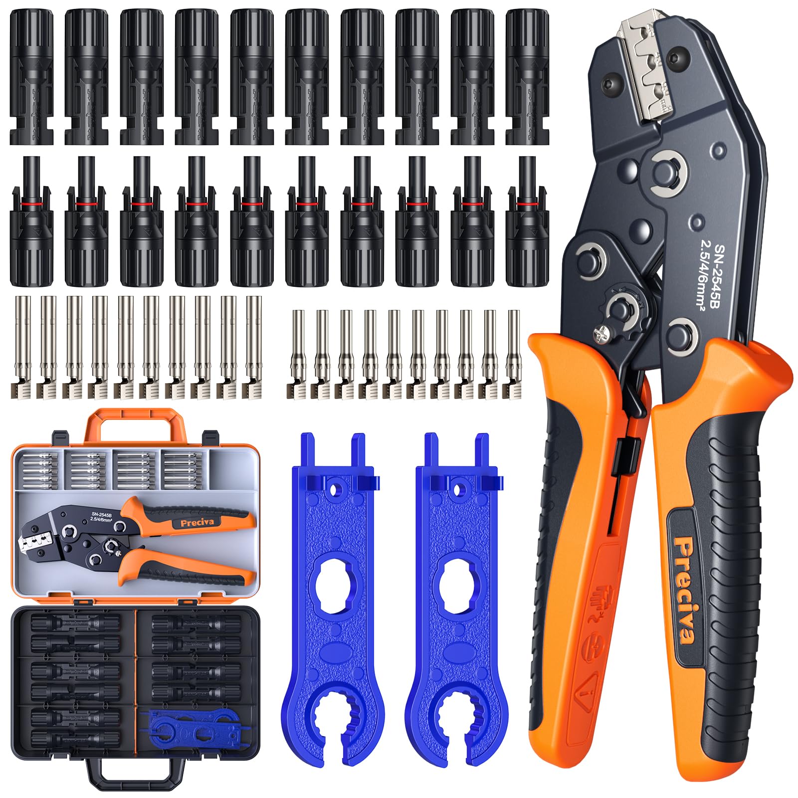 Preciva Kit Crimpadora MC4 2,5-6 mm² AWG16-10 Terminales Solares Conectores Fotovoltaicos Impermeable 2 Llaves Maletín