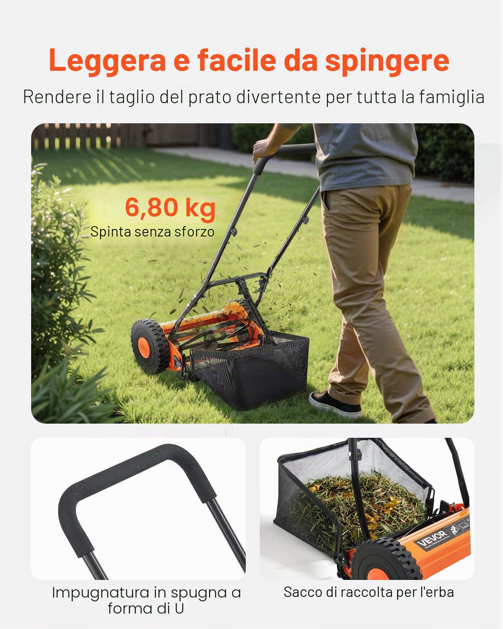 VEVOR Tosaerba a Spinta Manuale con 5 Lame Larghezza di Taglio 400 mm, Senza Motore, Altezza di Taglio Regolabile da 15-45 mm, Rasaerba a Spinta con Sacco Raccoglierba per Giardino Prato
