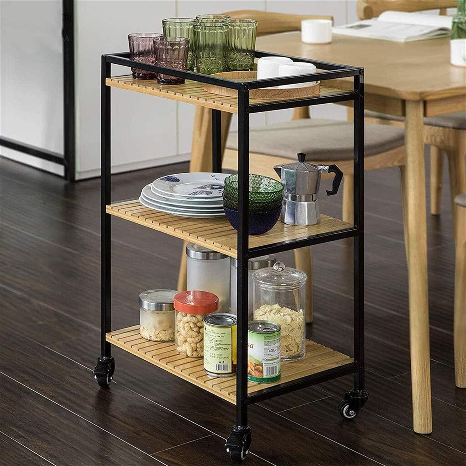 Carrello di Servizio a 2 Livelli in Ferro battuto Casa Ristorante Hotel Ruota dell'Acqua del Vino Condimento Portapiatti per Frutta Carrello portaoggetti Multifunzionale (Nero, 78
