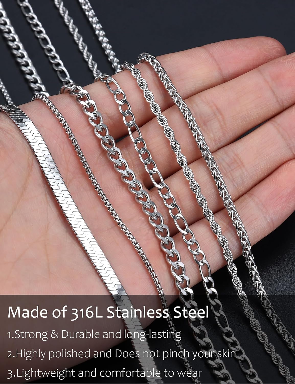 LOLIAS Silver Chain Necklace for Men Women - 6Pcs Stainless Steel Cuban Link/Rope/Box/Figaro/Herringbone/Wheat Chain Layered Stacked Necklace Set 16/18/20/22/24 Inches - Image 5