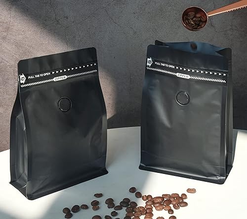 Miniatura 5 de Bolsas de café negras con válvula (paquete de 100, tamaño de 16 onzas1 libra), papel de aluminio de alta barrera, bolsas de café de fondo plano con
