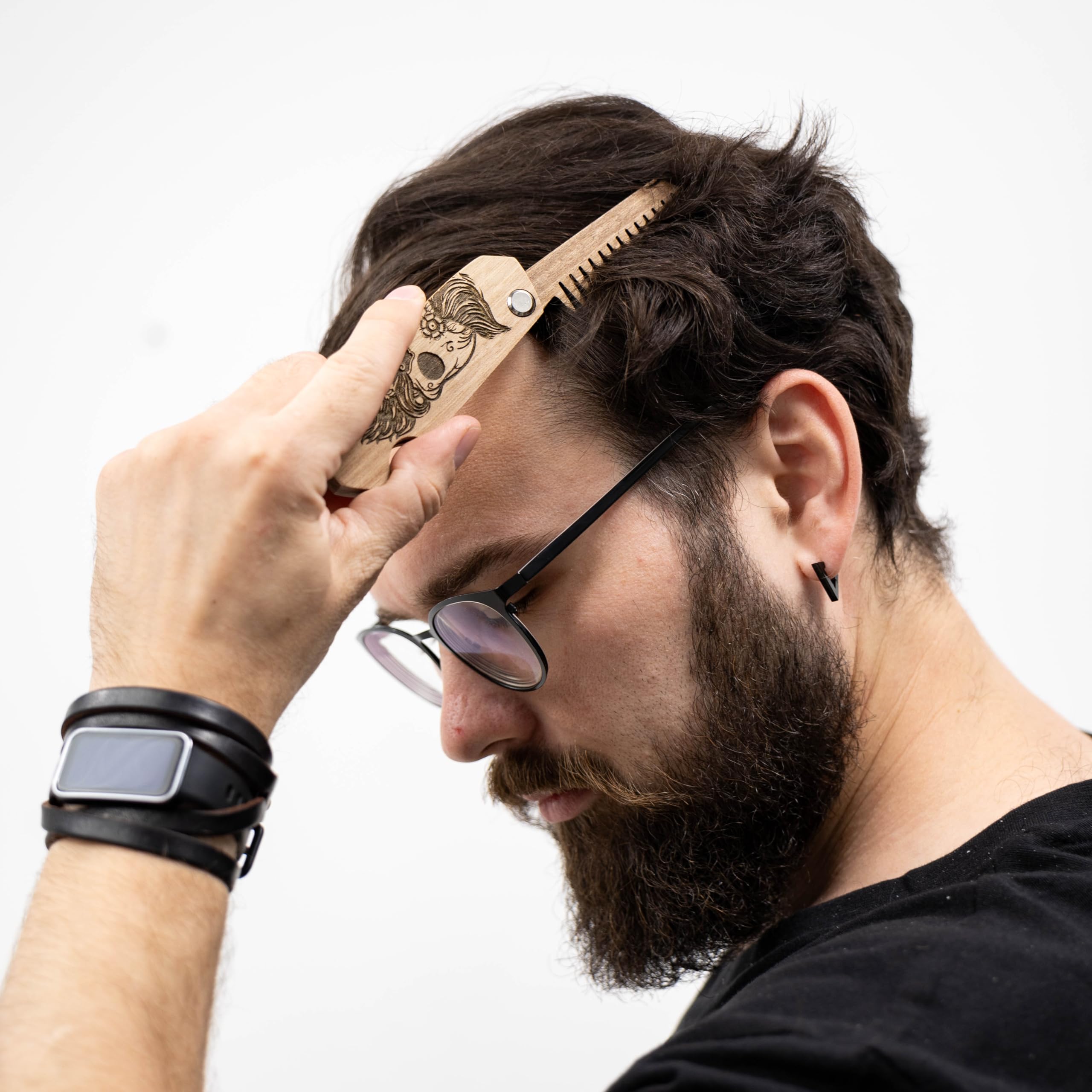 Enjoy The Wood Beard Comb for Men, Folding Pocket Beard Accessories for Men, Engraved Walnut Wooden Comb for Moustache, Beard & Hair For Him (Half Skull)