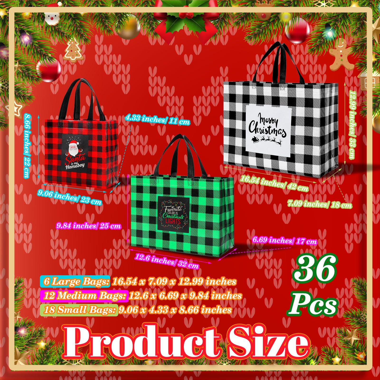 Silkfly 36 Stück gemischte Größen Weihnachten Geschenktüten Weihnachten Tragetaschen Vlies Büffel Plaid Wiederverwendbare Taschen mit Griffen Weihnachtstüten Xmas Lebensmittel Einkaufen Geschenkpapier