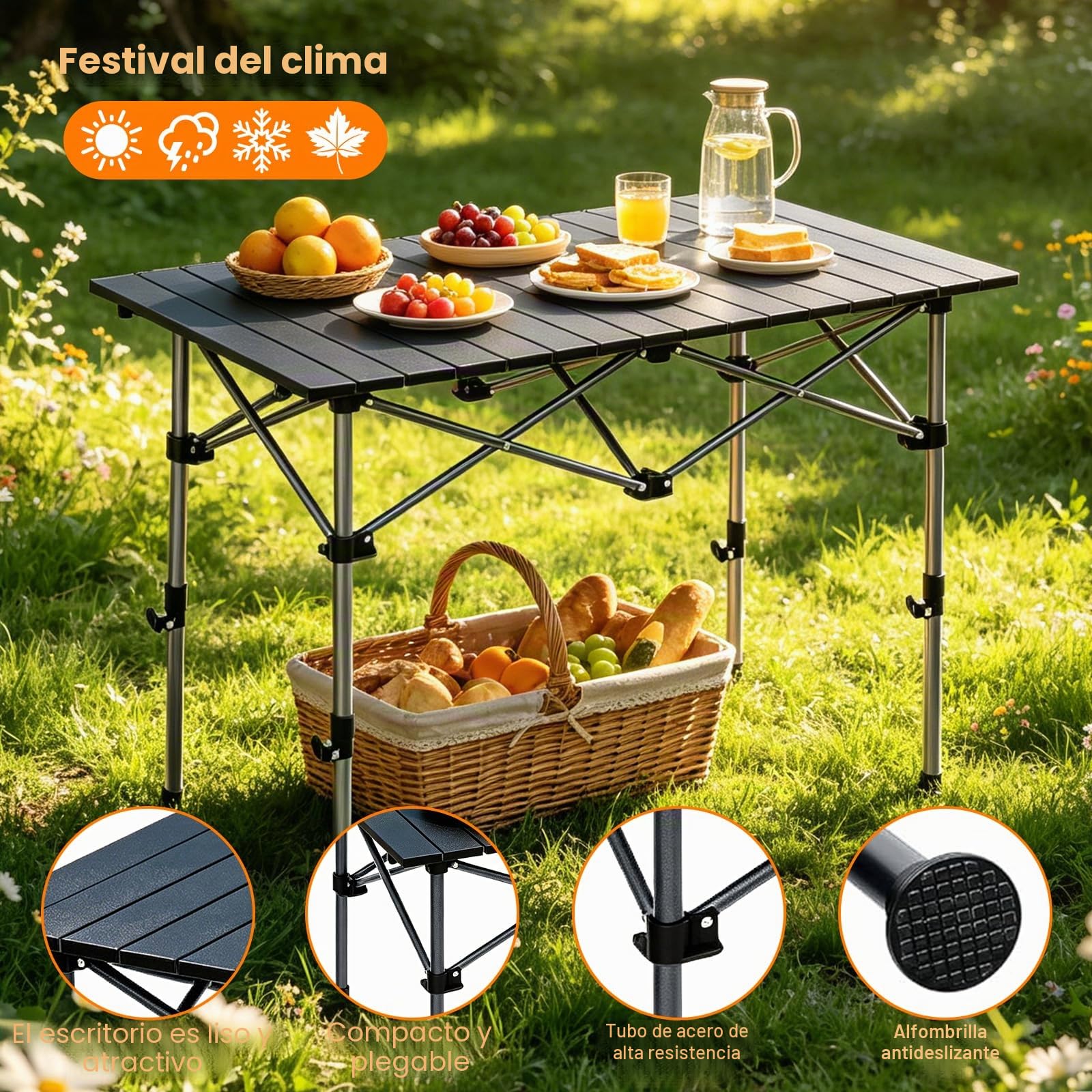 Mesa de Camping Plegable 95x55X (50-80) cm, Mesa Plegable 100KG Cargable Tablero Enrollable, Mesa Plegable Playa con Bolsa de Transporte para Acampar, Picnic, Barbacoa, Patio, Fiesta
