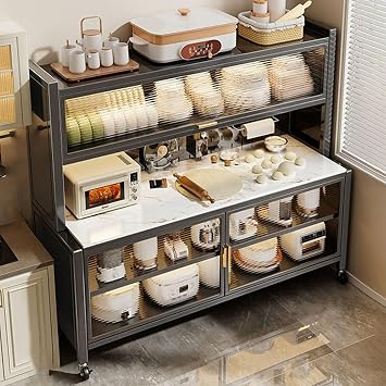JKGHK Kitchen Pantry Storage Cabinet, Kitchens Bakers Rack with Acrylic Cabinet Door, Buffet Cabinets On Wheels with Pegboard, for Garage Pantry Home SpicesBlack,31x60in