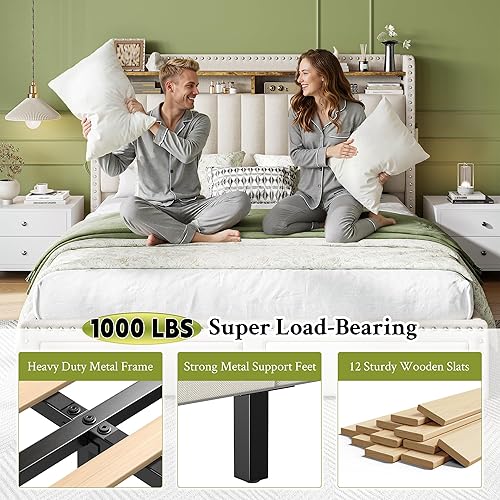 Miniatura 5 de EnHomee Base de cama tamaño Queen, marco de cama Queen tapizado con 2 cajones de almacenamiento y cabecera de 2 niveles, diseño de cabecera vertical