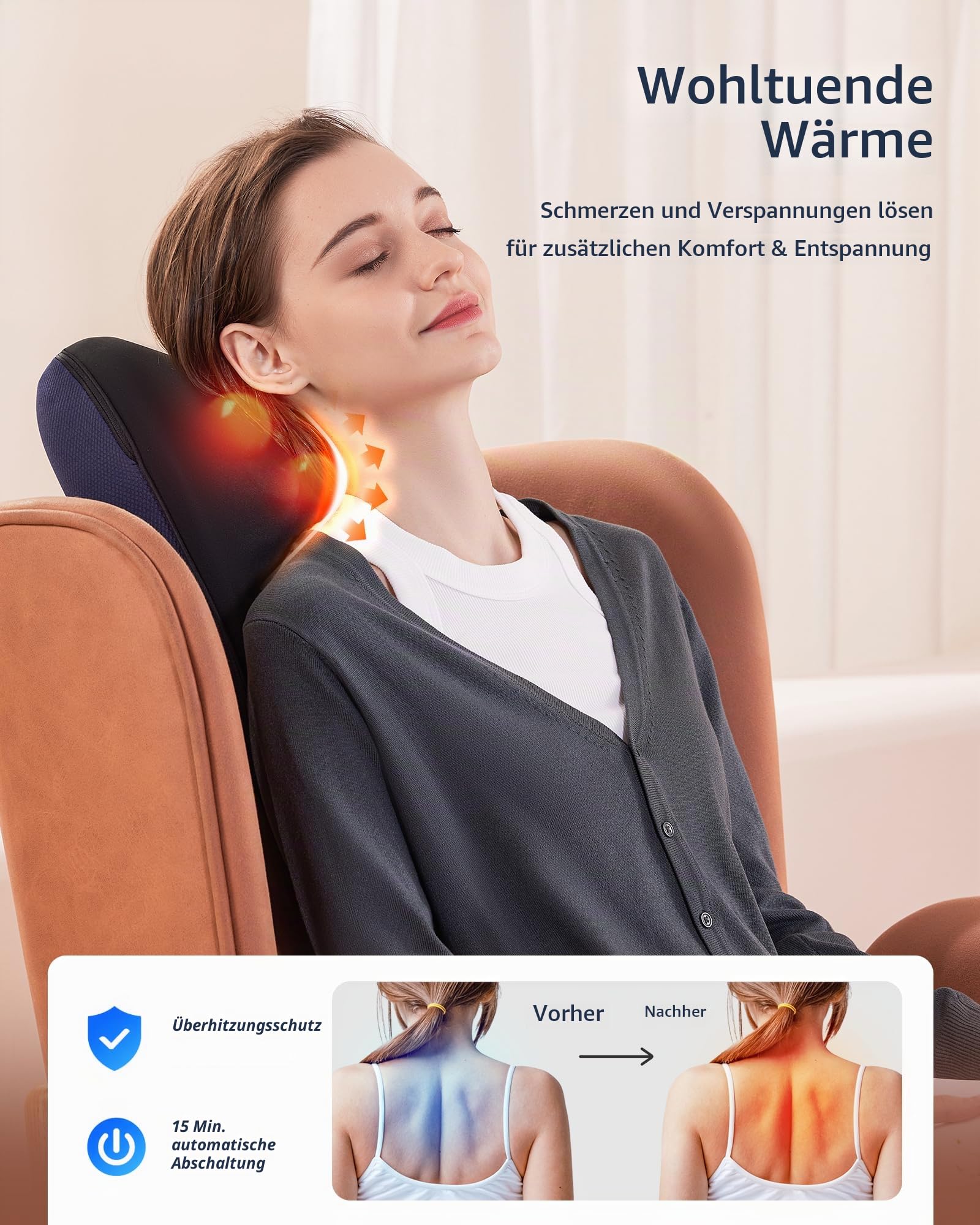 Boriwat Massagekissen, Shiatsu Massagegerät 3 Intensitäten für Nacken Rücken Schulter, Massagegerät mit Wärmefunktion für Frauen Männer Familie